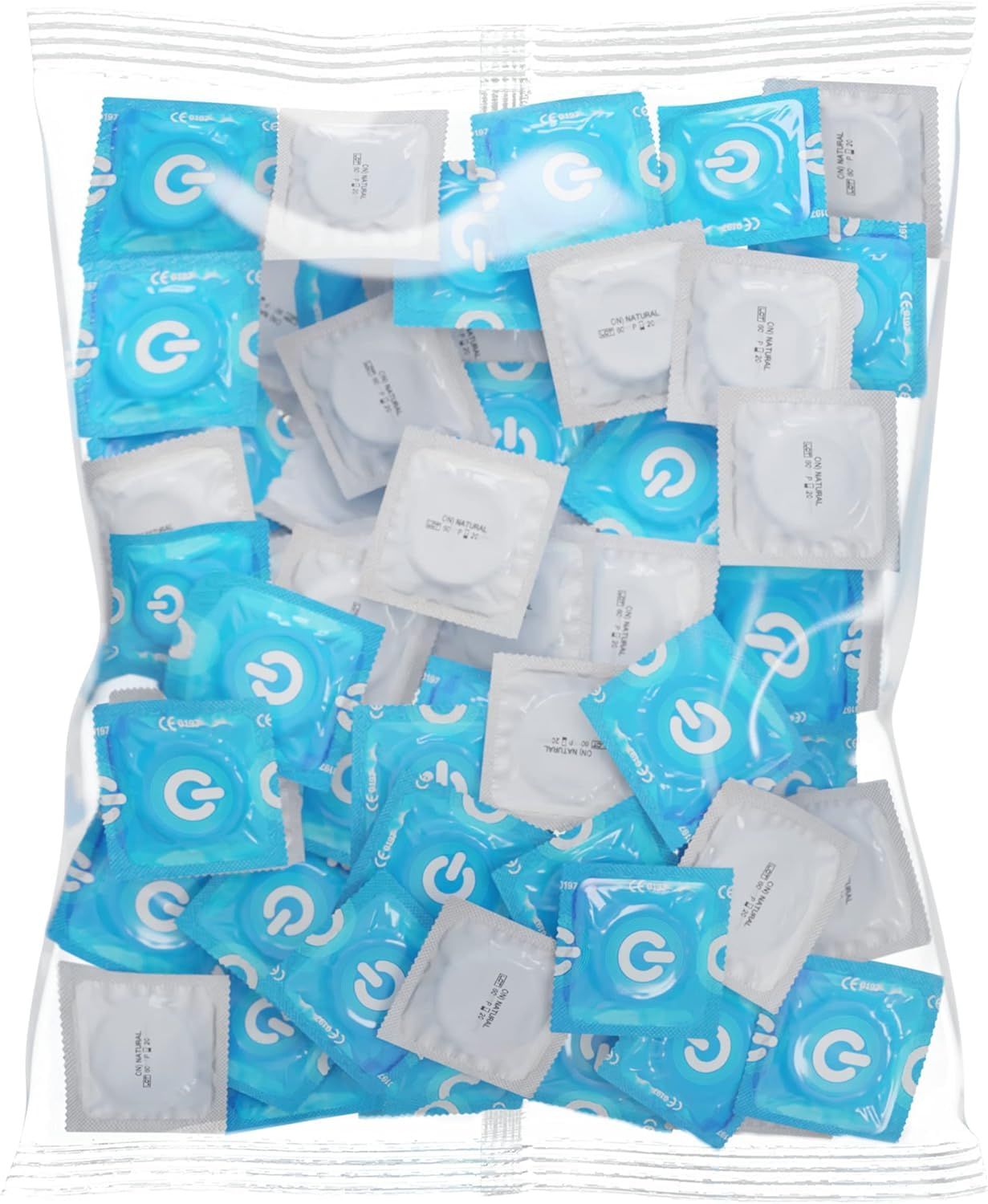Grote verpakking met 100 individueel verpakte condooms, blauw en wit.