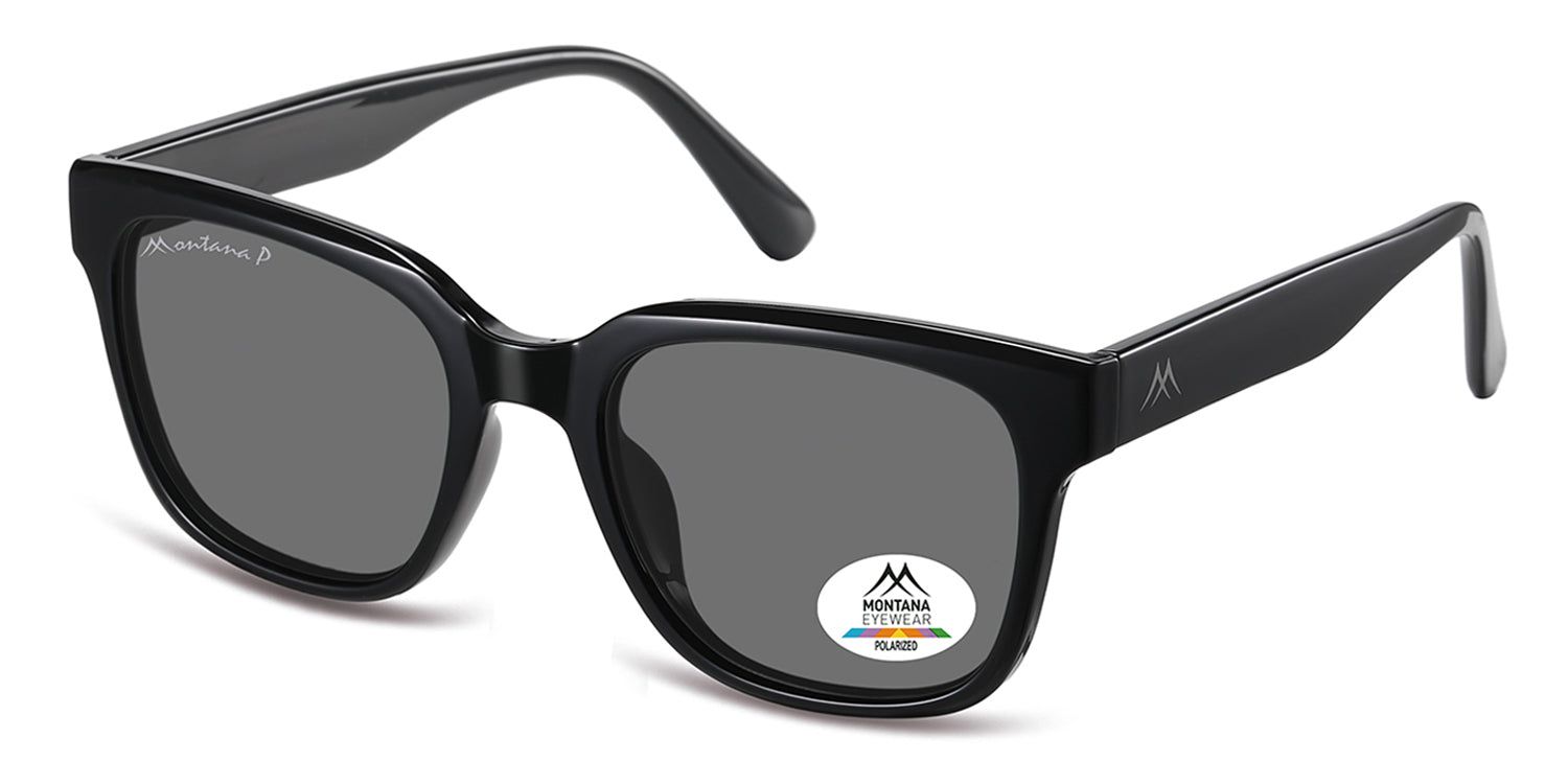 Lunettes de soleil noires, vue oblique. Verres gris, "montana p" sur la branche gauche. Autocollant avec logo et "POLARIZED" sur le verre droit.