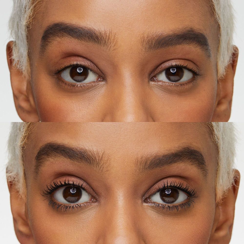 Deux paires d'yeux. En haut : sans maquillage. En bas : cils maquillés. Les sourcils sont visibles.