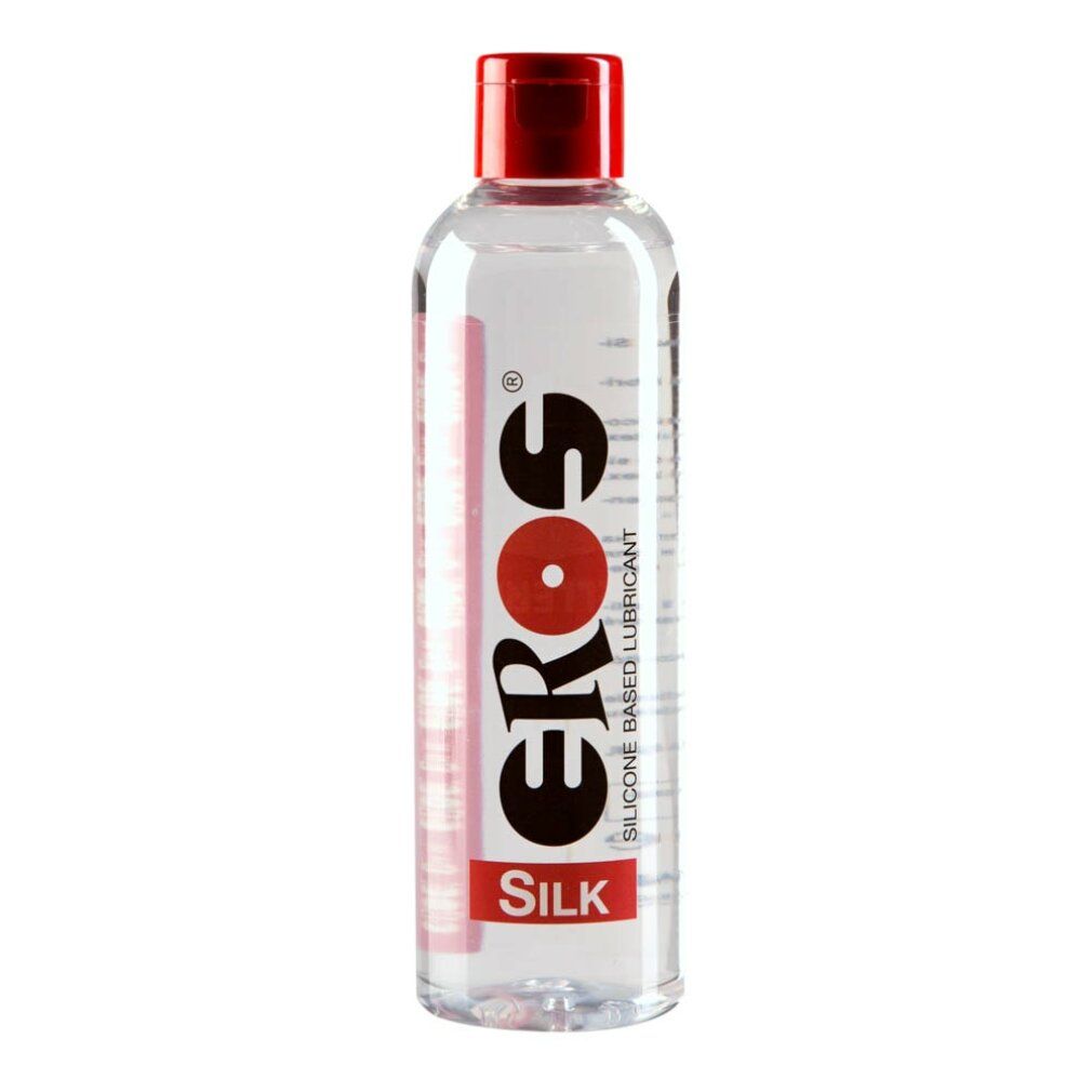 Transparante fles met rode dop. Opschrift: EROS SILK. Siliconen glijmiddel.