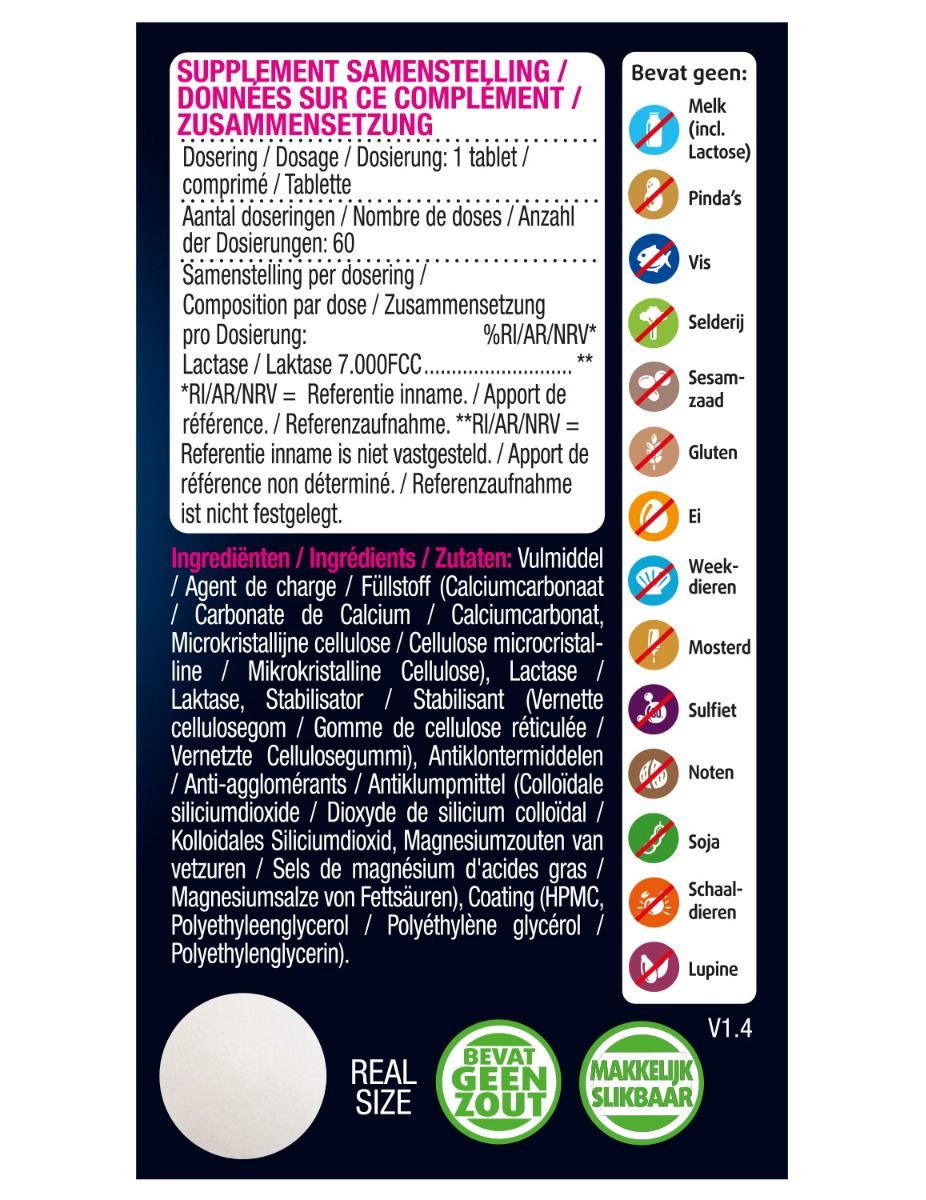 Achterkant verpakking Lactase. Bevat informatie over ingrediënten, dosering en allergenen. Symbolen voor 'zonder' allergenen.