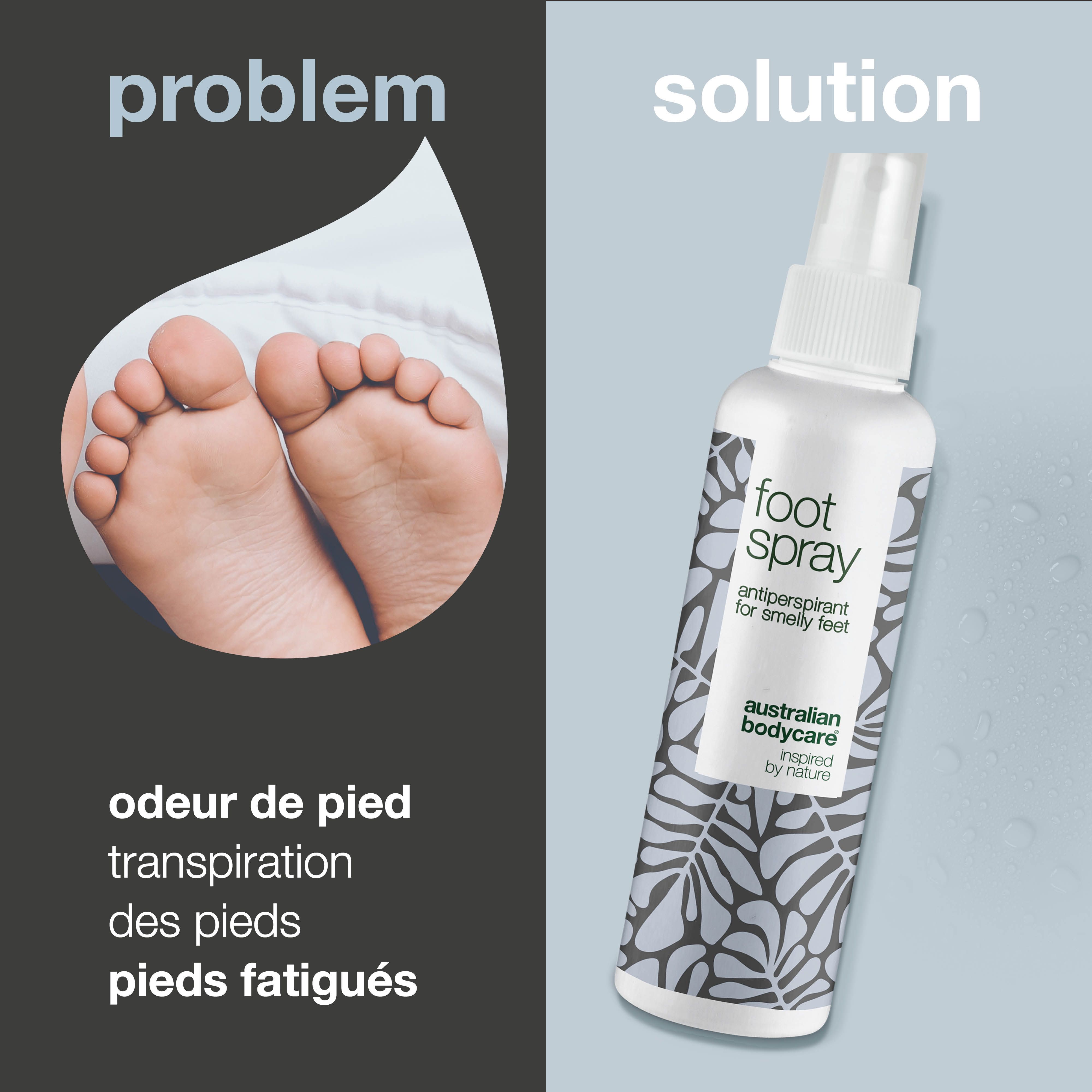 Problème : pieds. Solution : flacon de spray pour les pieds. Texte : odeur de pieds, transpiration, pieds fatigués.