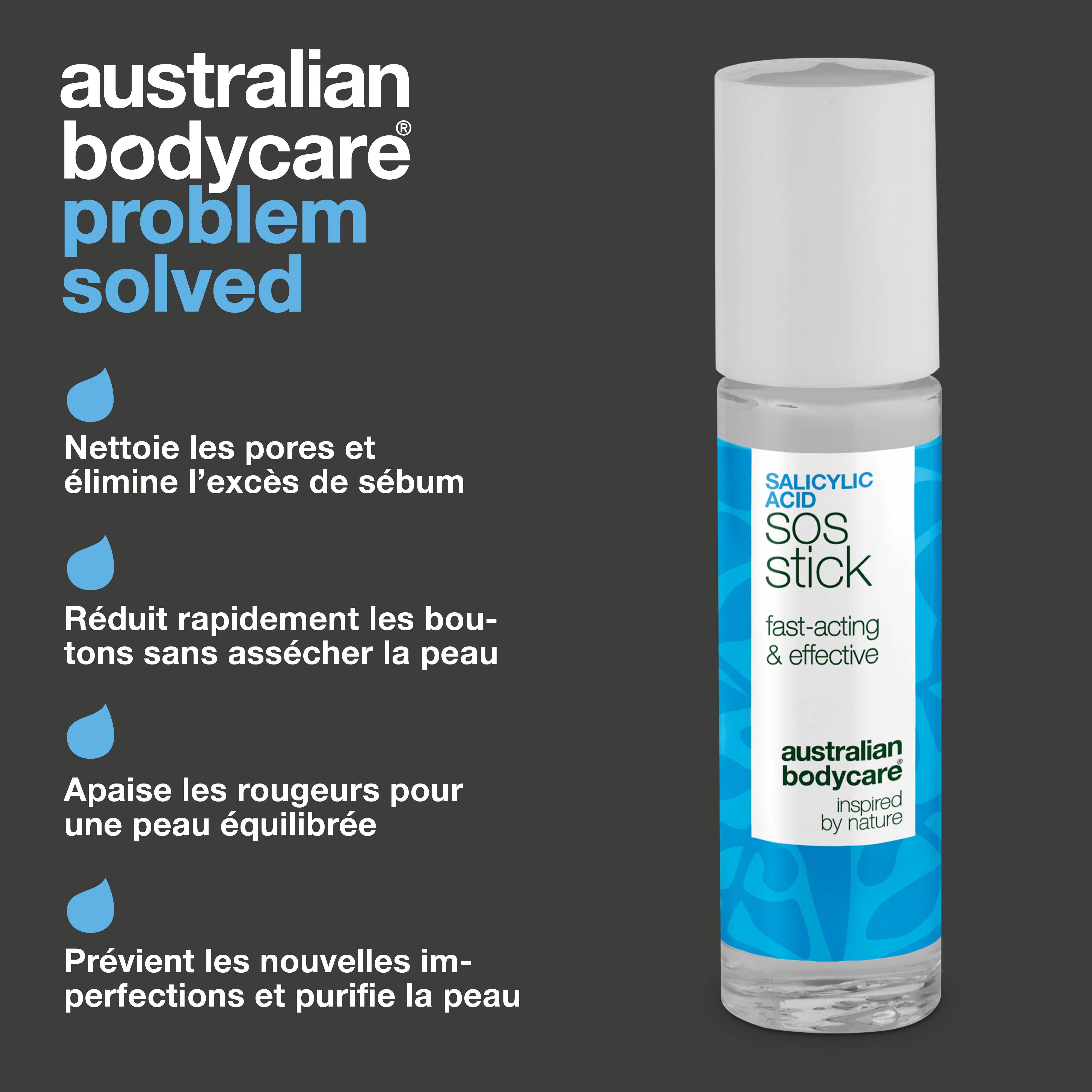 Stick avec texte: Nettoie les pores et élimine l'excès de sébum, réduit les boutons, apaise les rougeurs, prévient les imperfections. Emballage bleu et blanc.