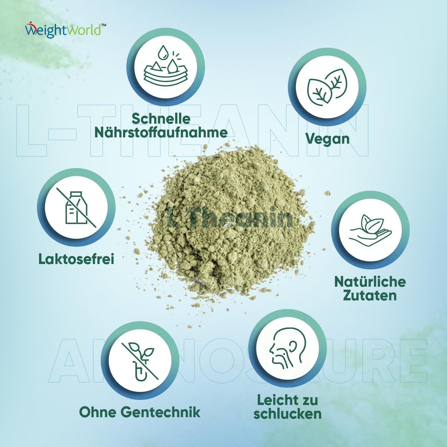 Tas de poudre de L-Théanine avec symboles pour absorption rapide, vegan, sans lactose, sans OGM, ingrédients naturels.