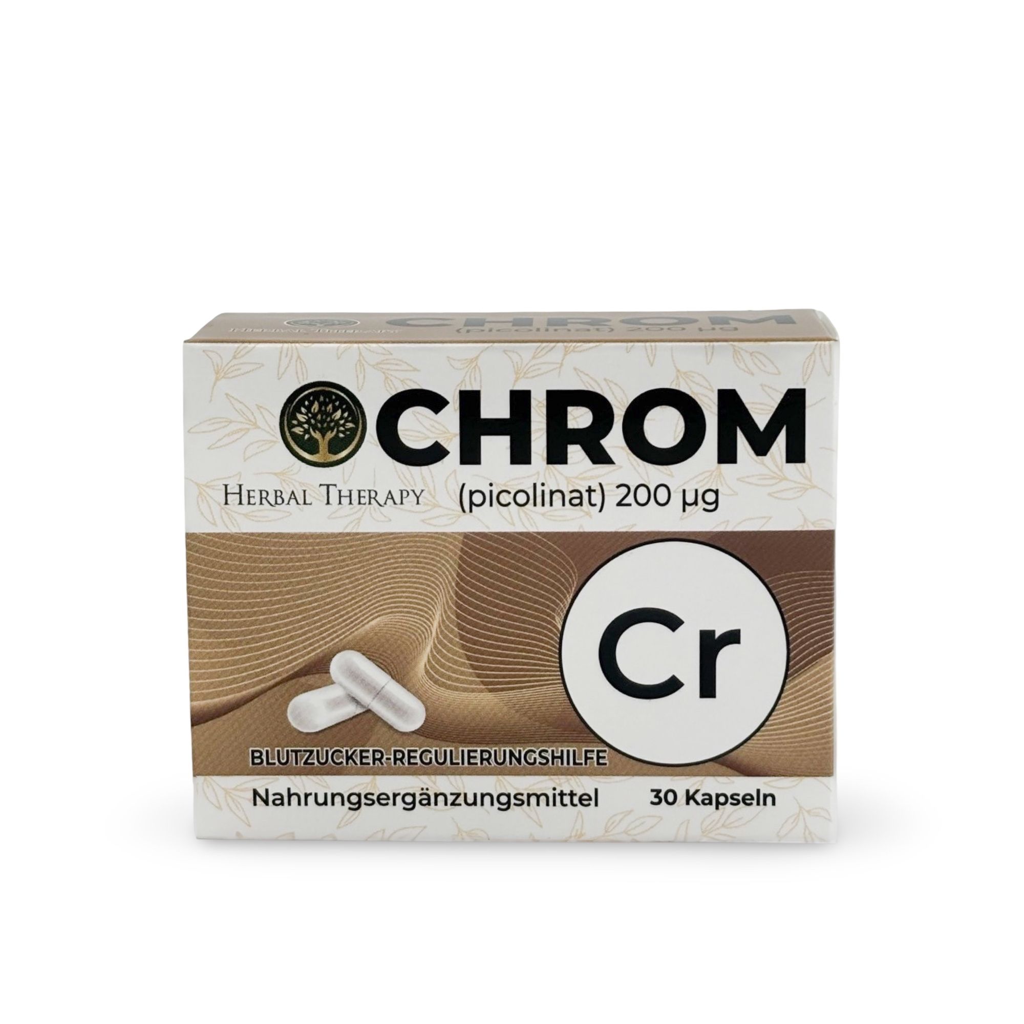 Boîte avec impression du produit. Inscription: CHROM, Herbal Therapy (picolinate) 200 μg. Deux gélules devant la boîte. 30 gélules.