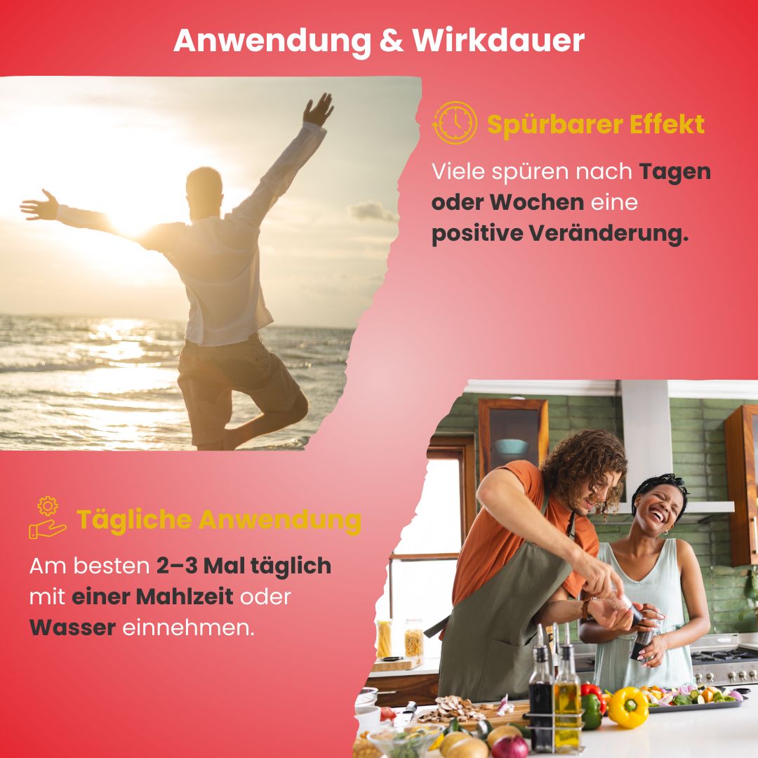 Twee foto's: man op strand, armen open. Koppel kookt. Tekst: Dagelijks gebruik, 2-3 keer per dag met maaltijd of water.