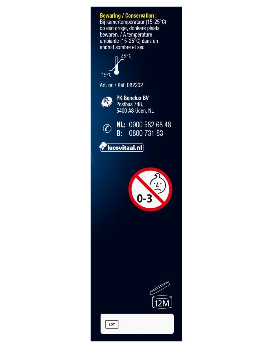 Achterkant van de productverpakking. Bevat informatie over opslag, contactgegevens en een waarschuwingssymbool.