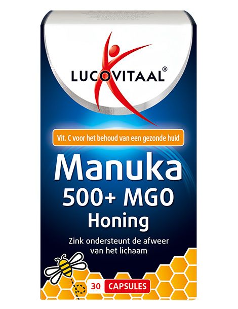 Boîte de Lucovitaal Manuka Honing Zink. Contient 30 gélules. Inscription: Manuka 500+ MGO Honing. Zinc pour le système immunitaire.