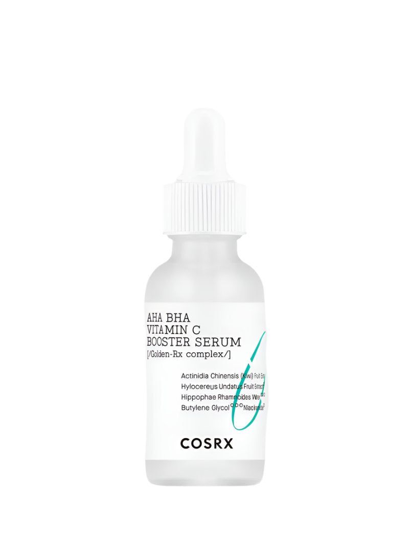 Flacon transparent avec bouchon blanc et pipette. Inscription : AHA BHA Vitamin C Booster Serum. Marque : COSRX.