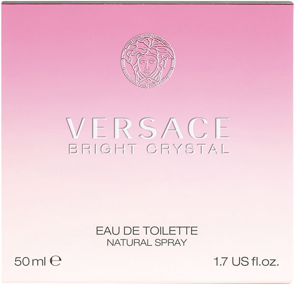 Roze verpakking van Versace Bright Crystal Eau de Toilette Spray. Tekst: Versace, Bright Crystal, Eau de Toilette, Natural Spray.