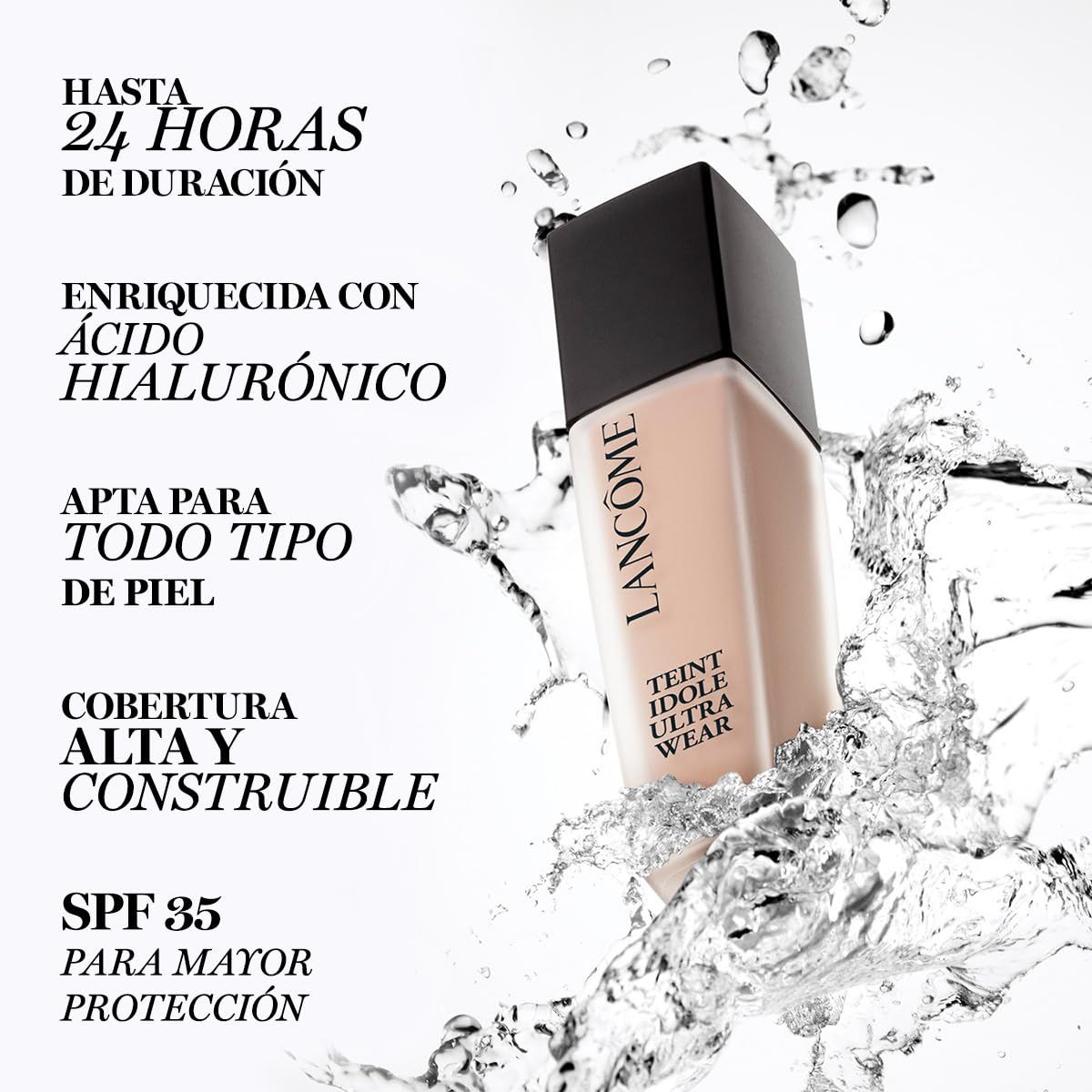 Lancôme Teint Idole Ultra Wear foundation omringd door water. Ingrediënten en SPF 35.