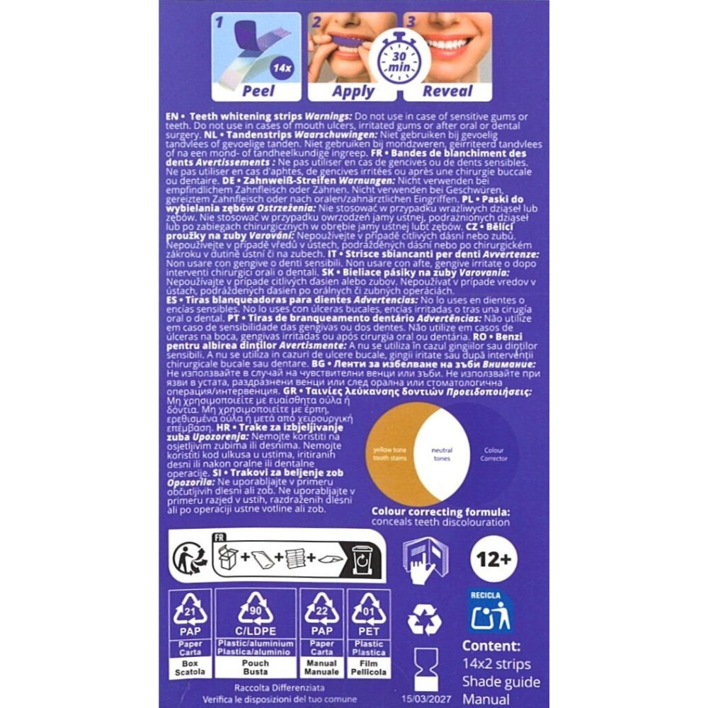 Dos de l'emballage. Informations sur les bandes blanchissantes. Contenu: 14x2 bandes. Instructions d'utilisation.