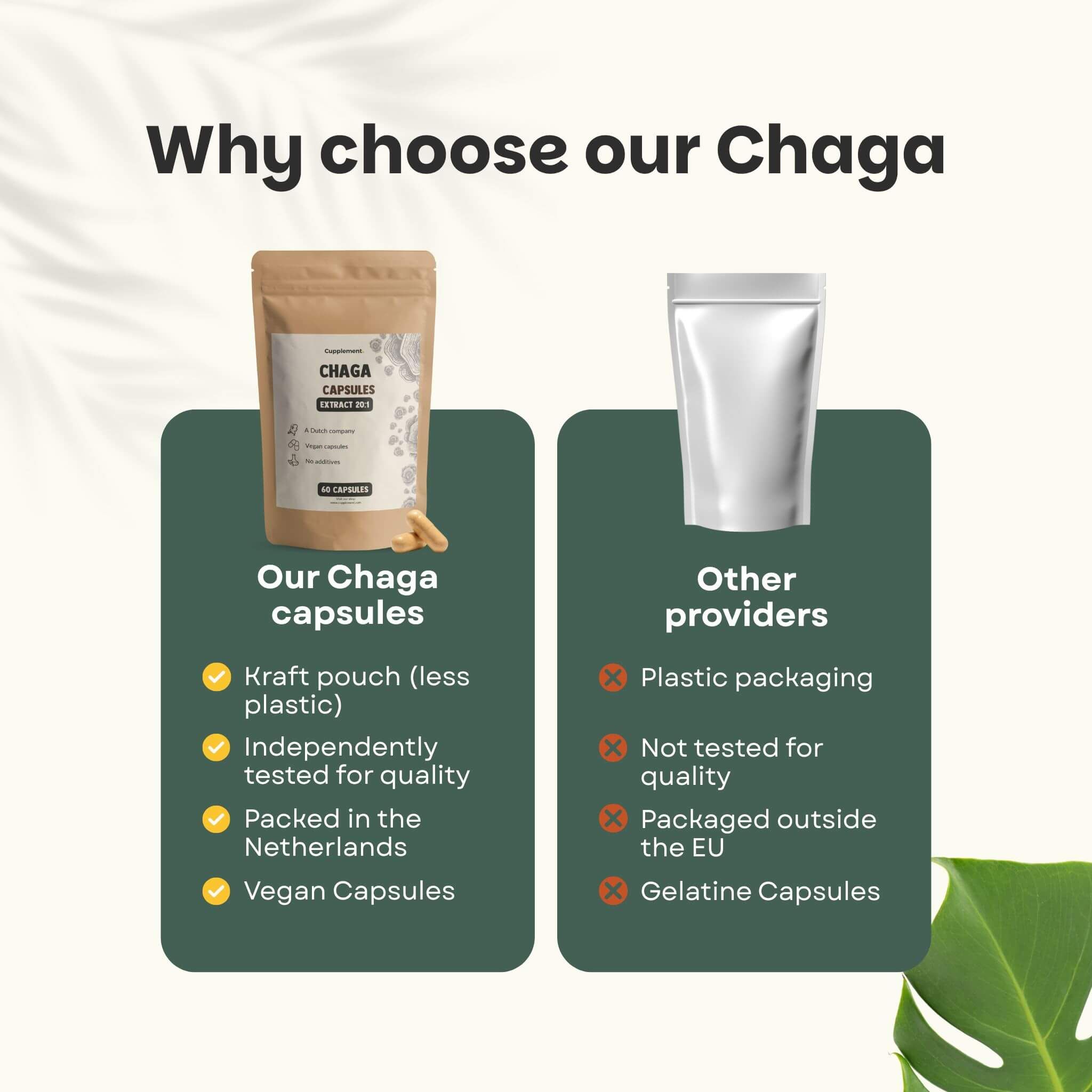 Comparaison : gélules de Chaga vs. autres fournisseurs. Gélules de Chaga : sachet en papier kraft, gélules végétaliennes. Autres : emballage plastique.
