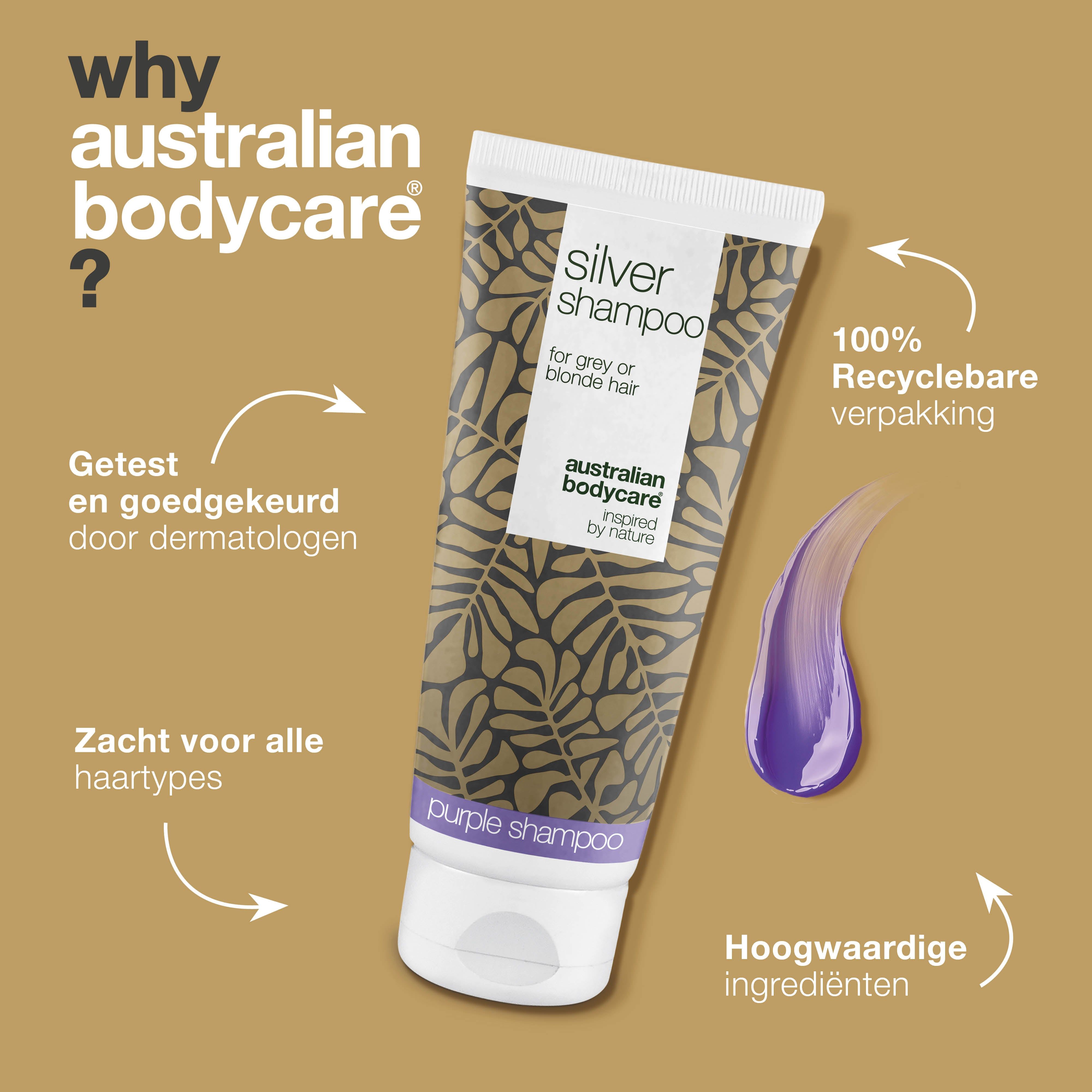Tube shampoo en tekst: Waarom Australian Bodycare? 100% recyclebare verpakking. Hoogwaardige ingrediënten.