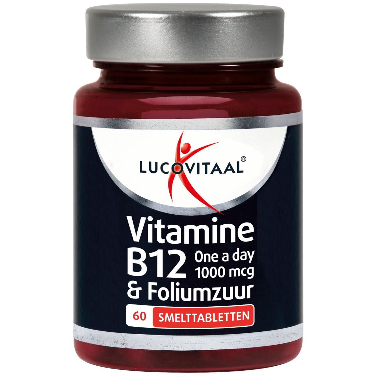 Bruine tablettenfles met zilveren dop. Opschrift: Lucovitaal, Vitamine B12 & Foliumzuur. 60 smelttabletten.