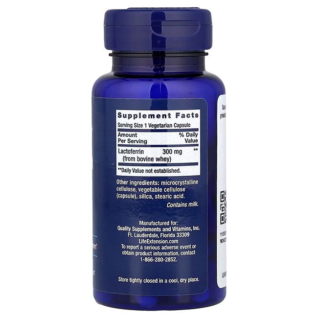 Achterkant van de Life Extension Lactoferrin Caps 300 mg fles. Bevat Supplement Facts en informatie van de fabrikant.