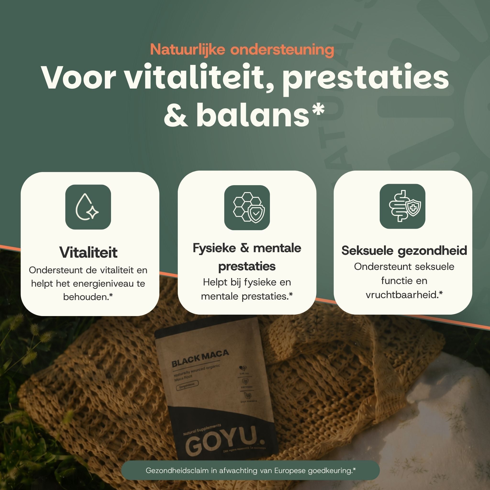 Verpakking met zwarte maca poeder van GOYU, met drie iconen voor vitaliteit, prestaties en seksuele gezondheid.