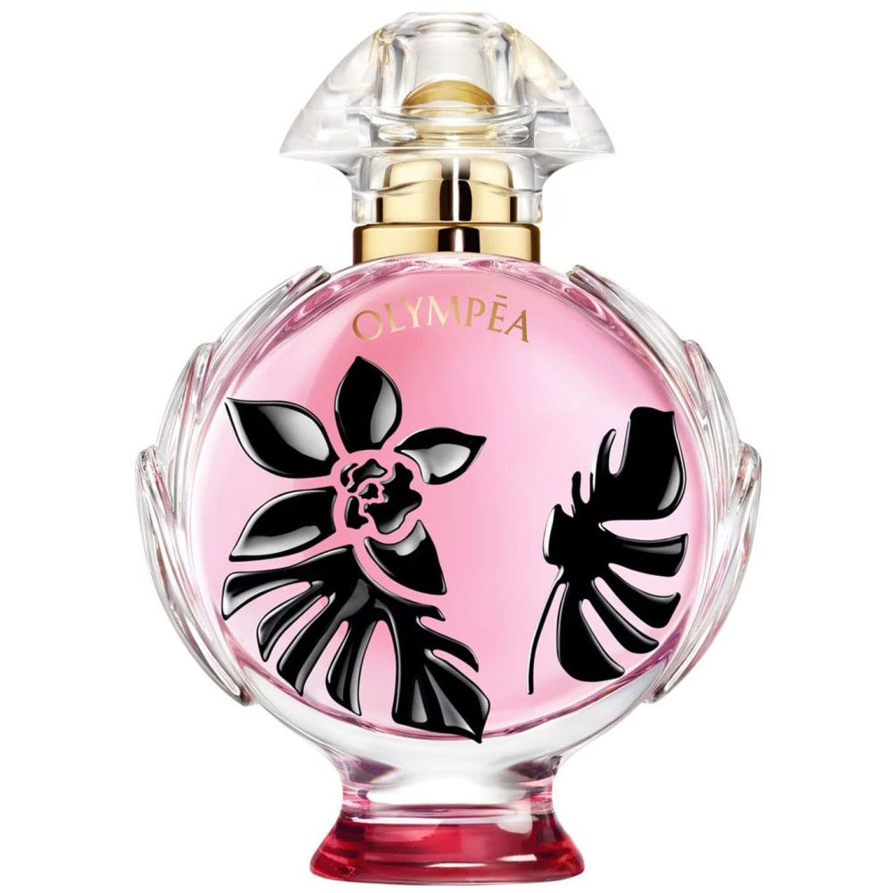 Ronde flacon met roze vloeistof, zwarte bloemdecoratie en gouden dop.