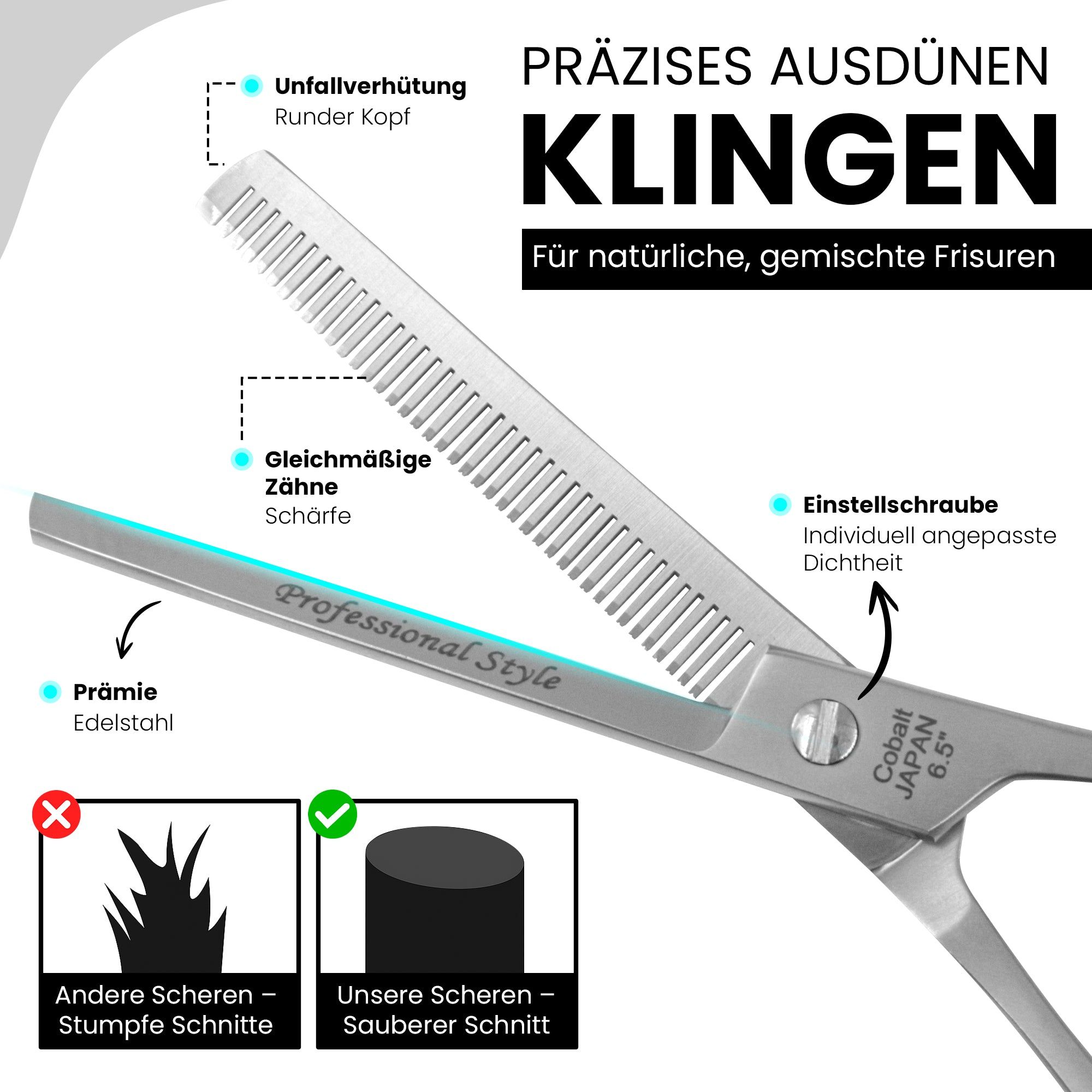 Effileerschaar van roestvrij staal. Tanden op één blad. Tekst: Professional Style, Cobalt Japan 6.5. Precies uitdunnen.