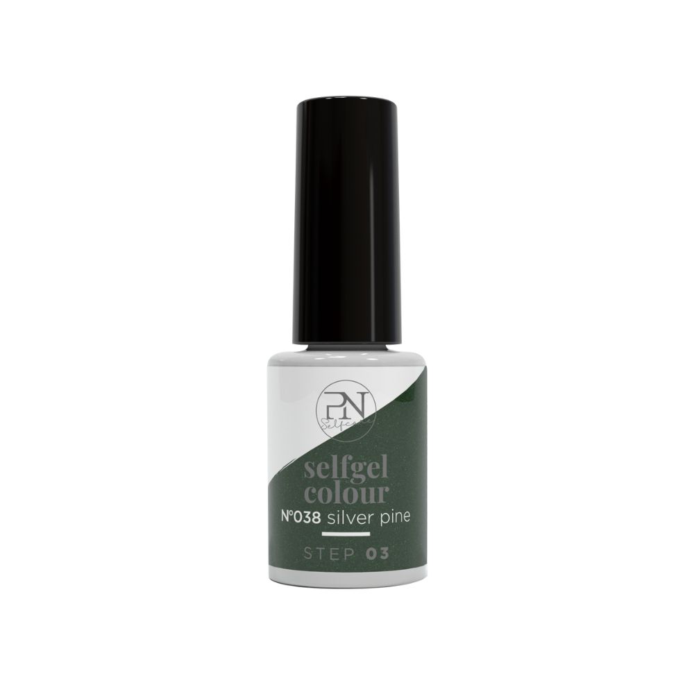 Flacon PN SelfGel Vernis Semi-Permanent, N38 Silver Pine. Bouchon noir, flacon blanc-vert. Inscription: selfgel colour, N°38 silver pine, STEP 03.