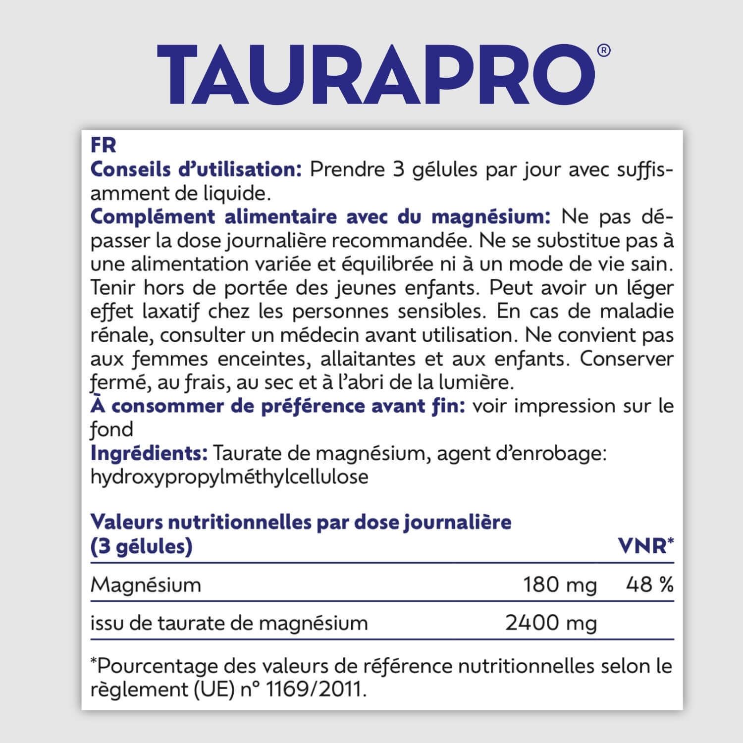 Tableau de texte avec ingrédients et valeurs nutritionnelles de TAURAPRO.