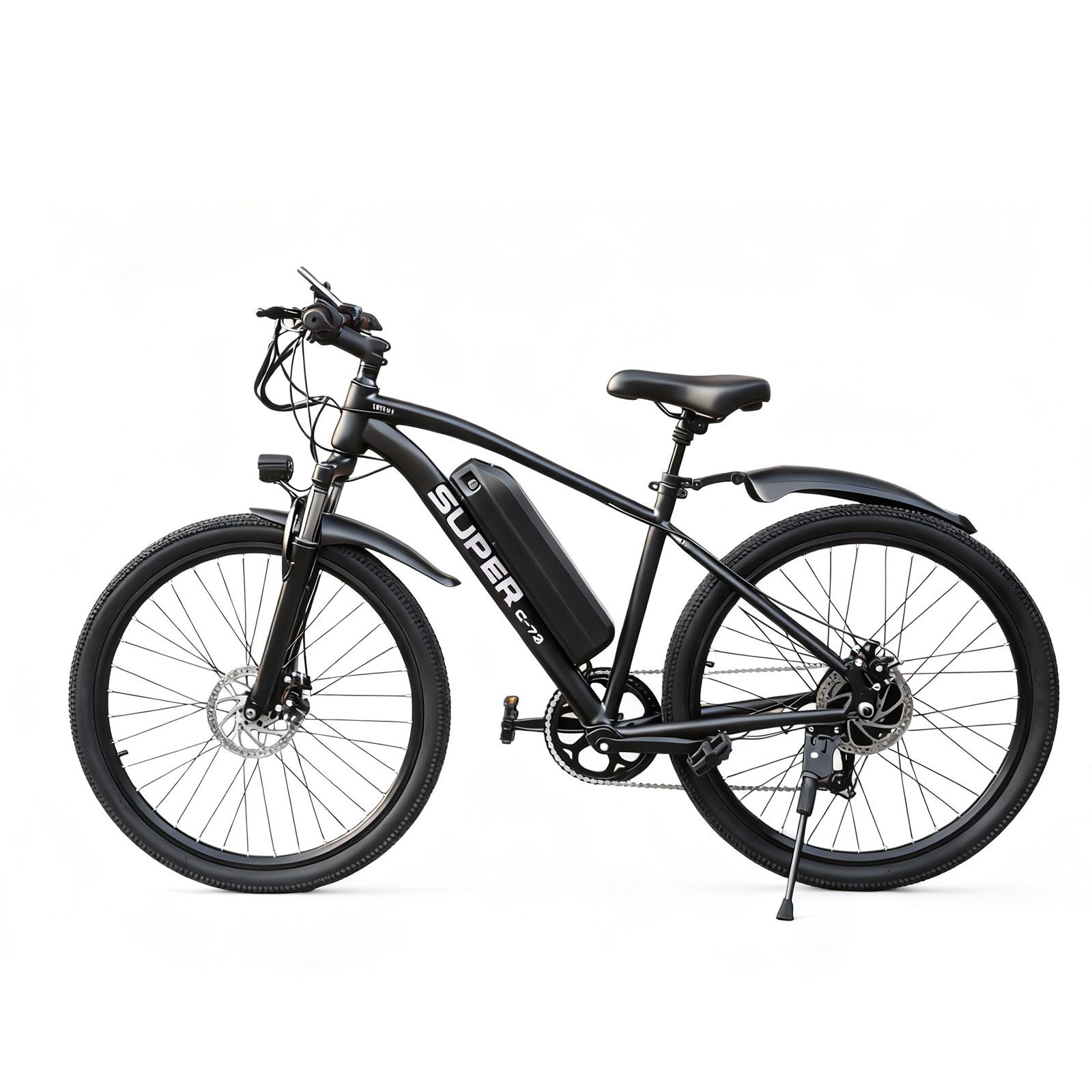 Vélo électrique noir, vue latérale. Avec batterie, garde-boue, porte-bagages et béquille. Marque SUPER.