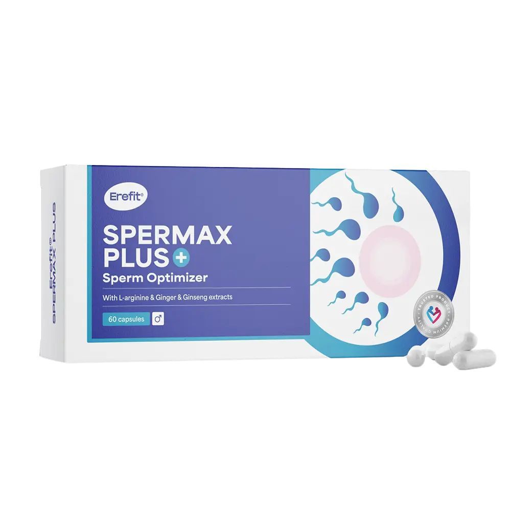 Boîte de gélules. Inscription : Erefit SpermaX Plus, Sperm Optimizer. Contient 60 gélules. Avec L-arginine, gingembre et ginseng.
