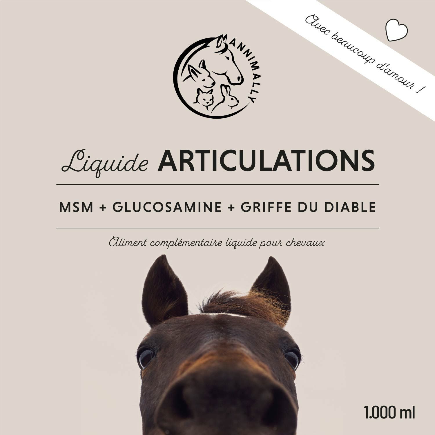 Étiquette Annimally Liquide Articulations. MSM, Glucosamine, Griffe du Diable. Complément liquide pour chevaux. 1000 ml.