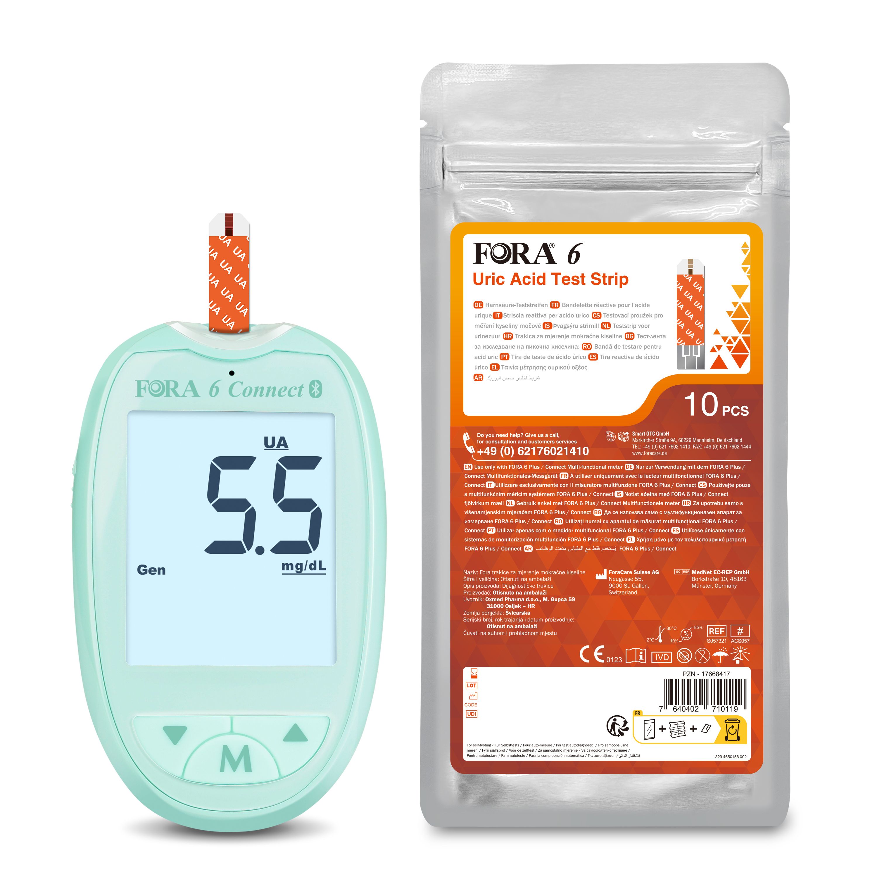 FORA 6 Connect et paquet de bandelettes. Affichage numérique avec valeur. Paquet de 10 bandelettes. Uric Acid Test Strip.