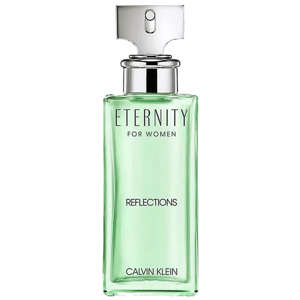 Groene parfumfles met zilveren dop. Opschrift: Eternity Reflections, Calvin Klein.