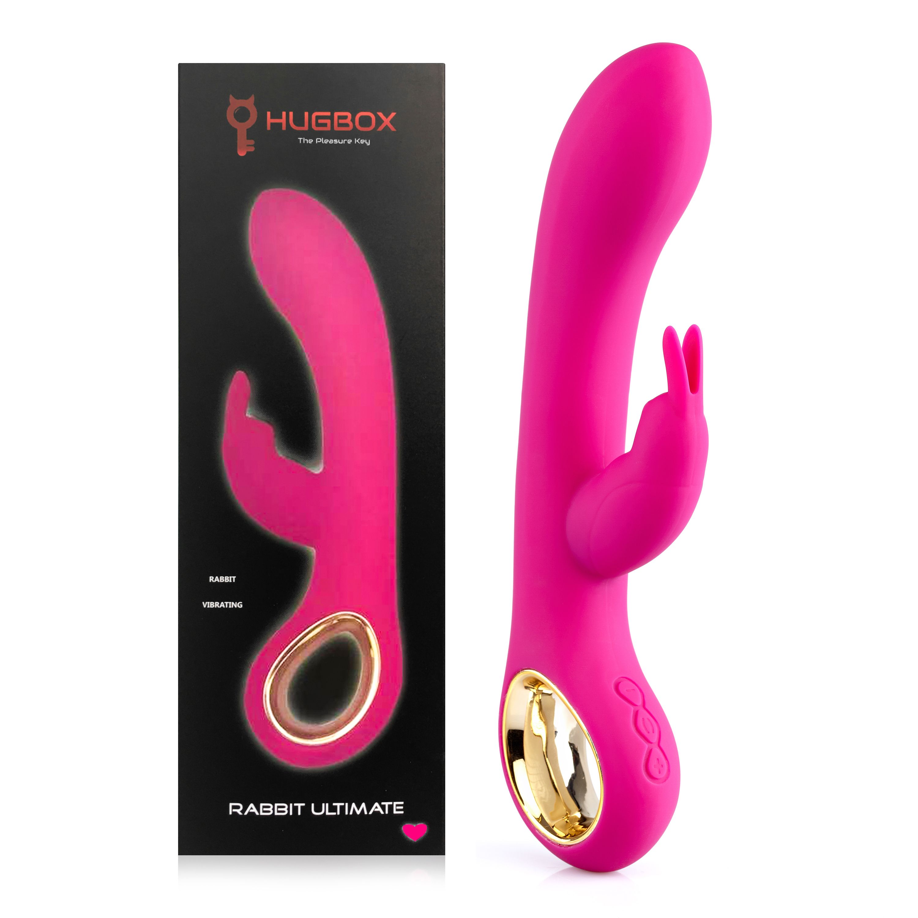 Vibrateur rose à côté d'un emballage noir. Emballage avec nom du produit 'Rabbit Ultimate' et logo.