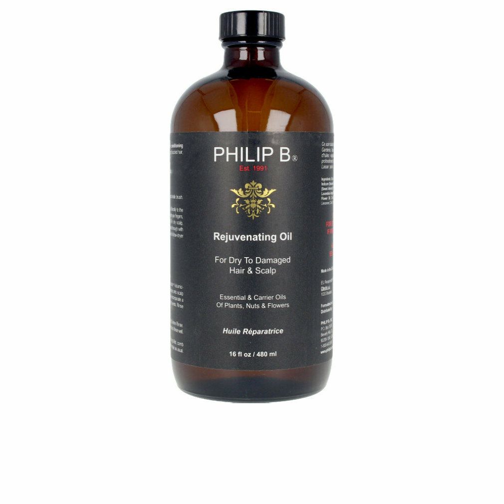 Bouteille d'huile revitalisante Philip B. pour cheveux et cuir chevelu secs à abîmés.