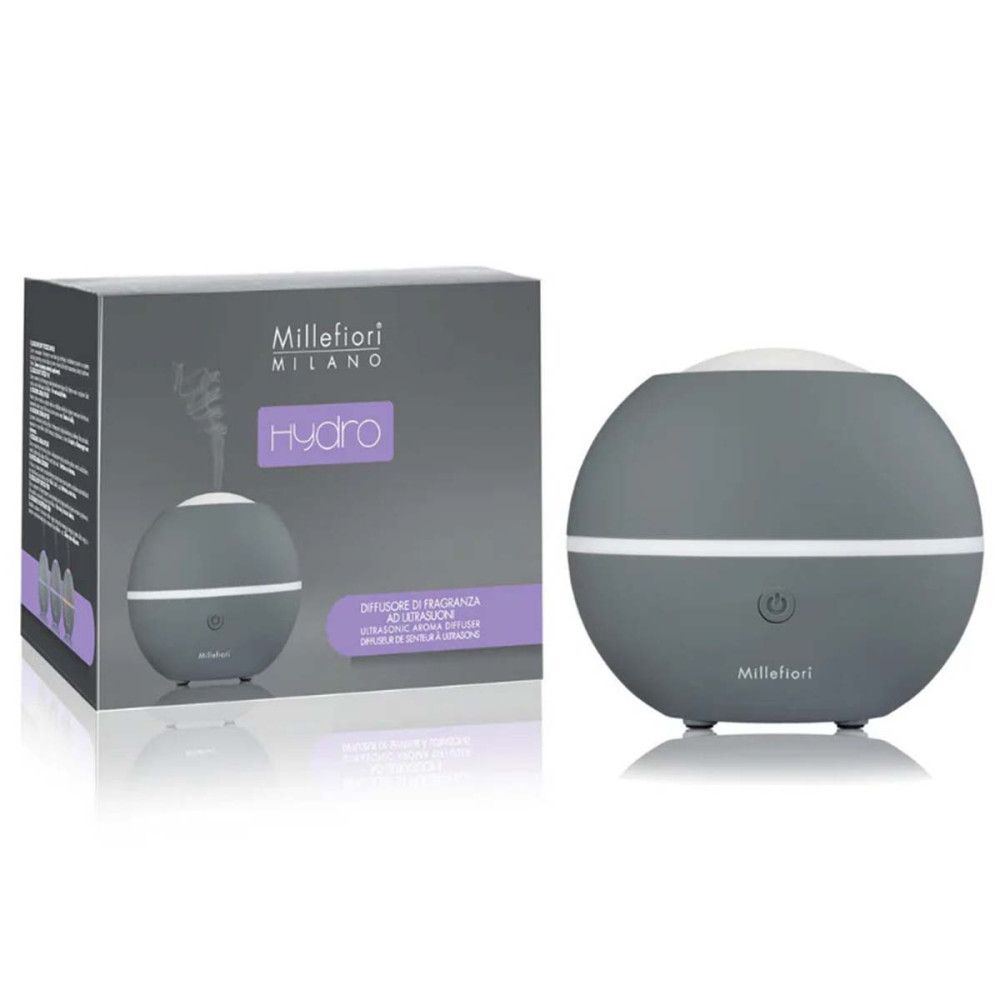 Diffuseur Hydro Sphere gris Millefiori Milano et boîte. Forme sphérique, bande blanche, logo. Boîte avec image du produit.