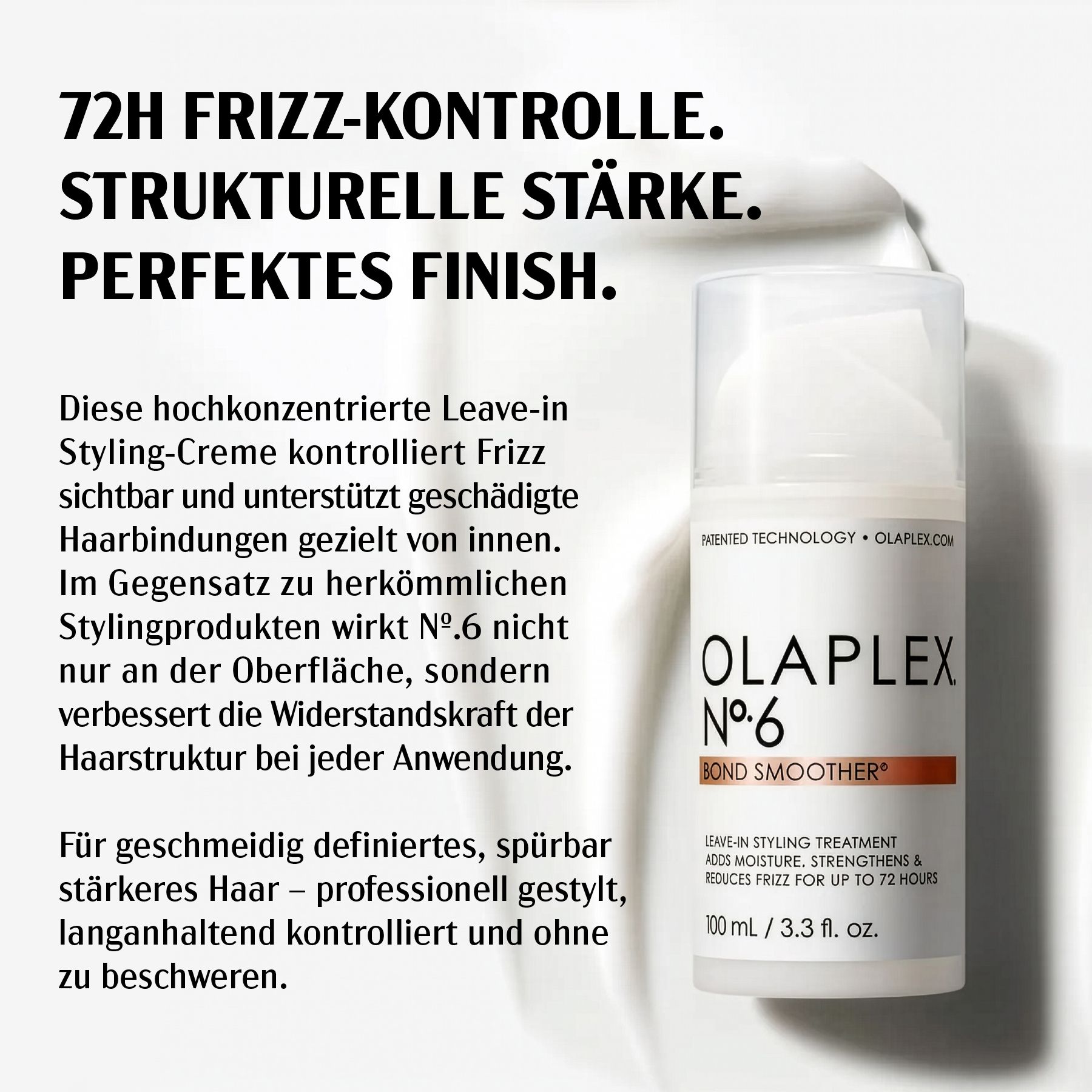 Olaplex No. 6 Bond Smoother fles. Tekst: 72u frizz controle. Structurele sterkte. Perfecte finish. 100ml.