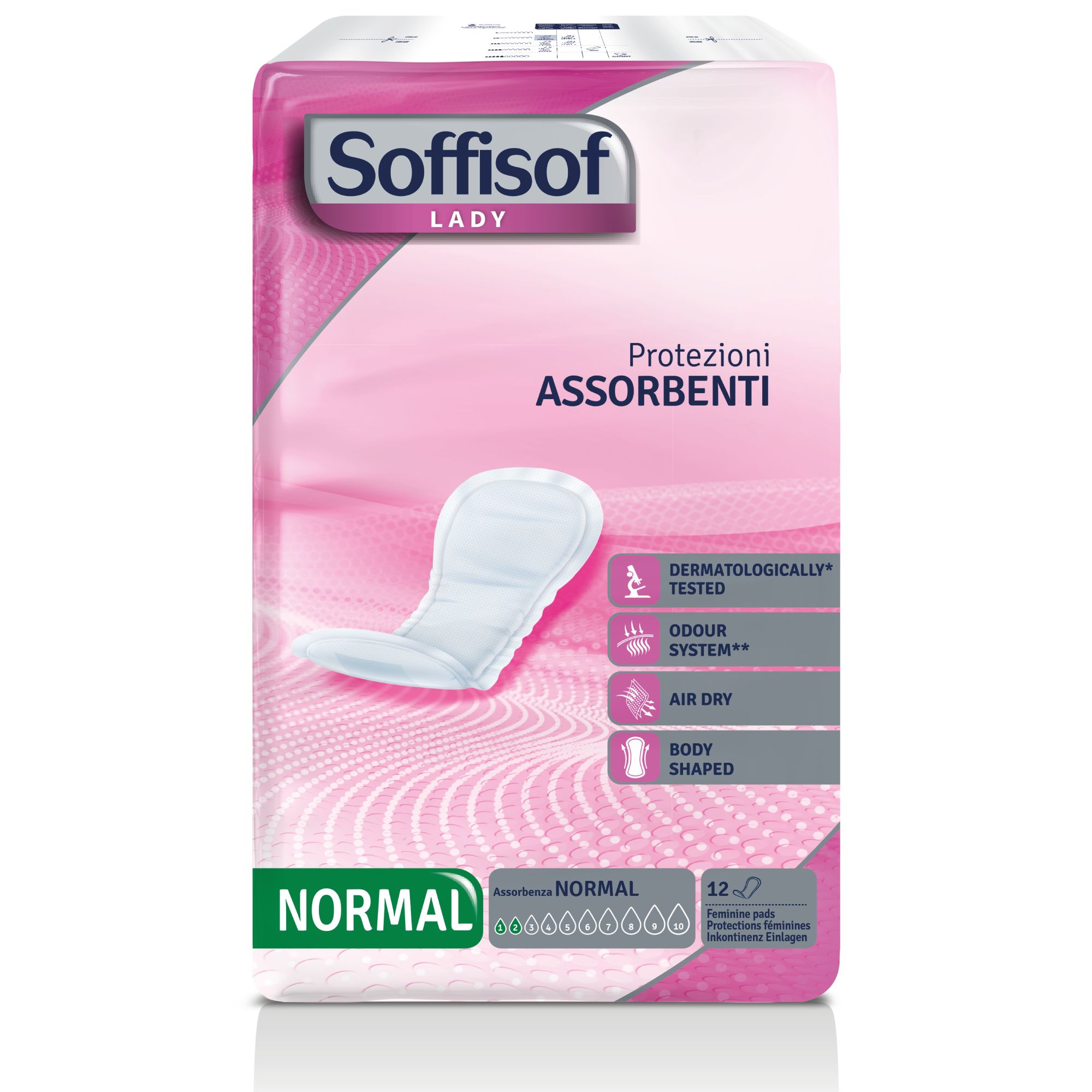Paquet de protections absorbantes Soffisof Lady Normal. Design rose et blanc. Nom du produit et caractéristiques imprimés.