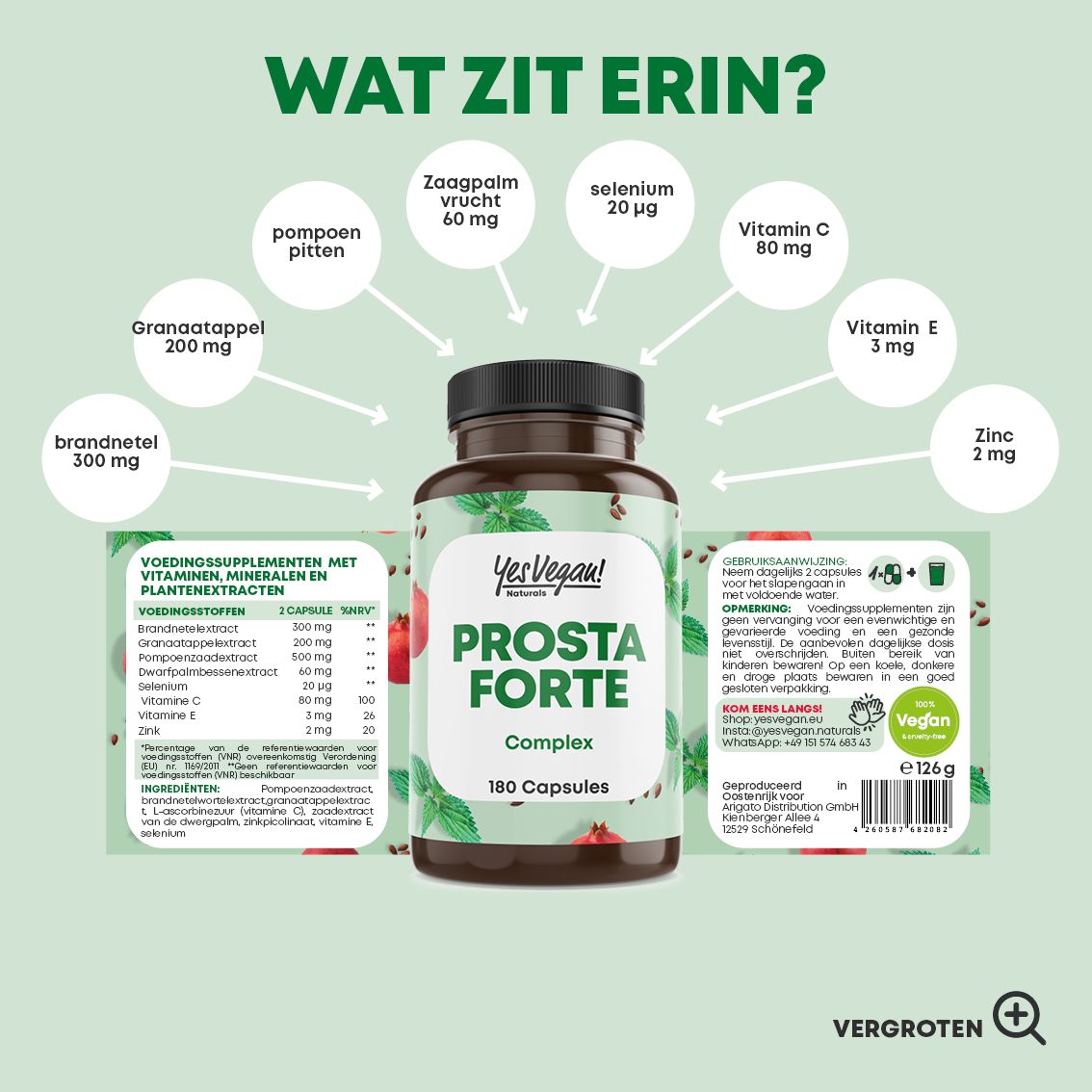 Prosta Forte Komplex fles met 180 capsules, met een vegan keurmerk en twee capsules.