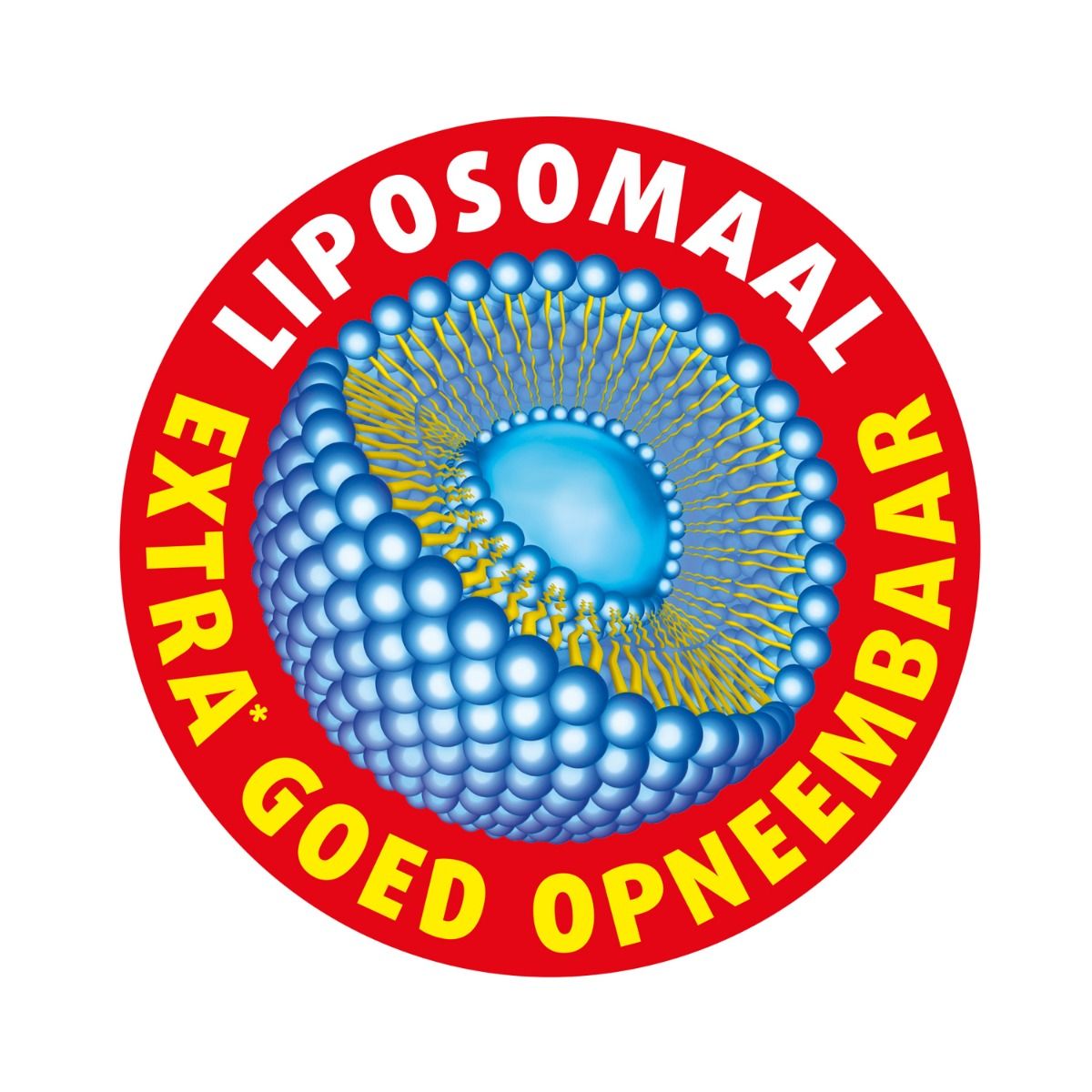 Rond rood etiket met tekst: 'EXTRA GOED OPNEEMBAAR'. Weergave van een liposoom.
