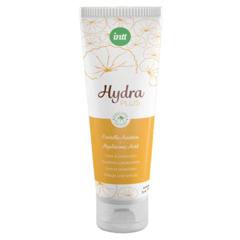 Tube met Hydra Plus glijmiddel, wit-geel met bloemenpatroon. Bevat Centella Asiatica en Hyaluronzuur.