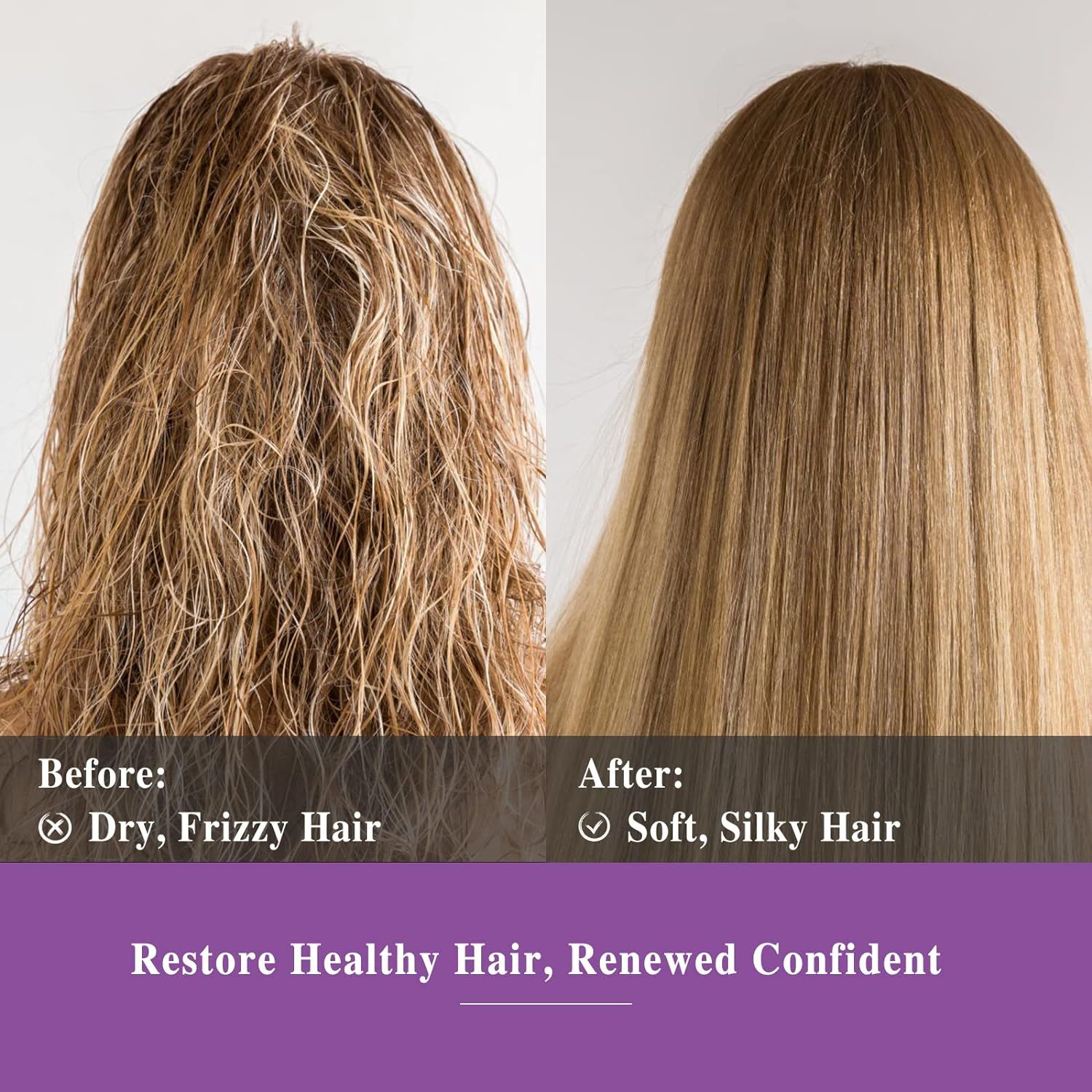 Twee afbeeldingen van haar. Links: droog, kroeshaar. Rechts: zacht, zijdeachtig haar. Tekst: Restore Healthy Hair, Renewed Confident.