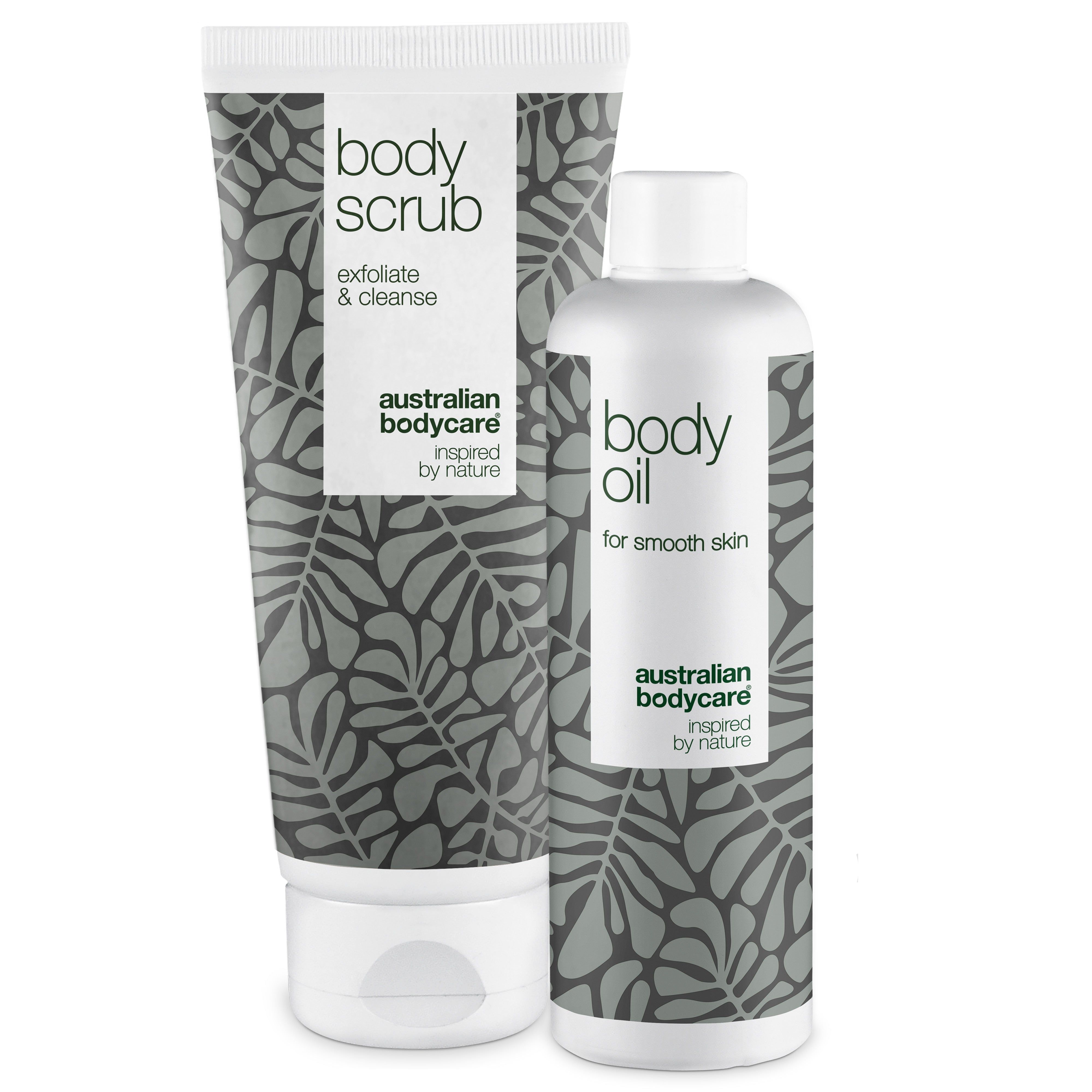 Deux produits : Body Scrub et Body Oil. Tubes/bouteilles blancs avec motifs feuilles grises. Texte : Australian Bodycare.