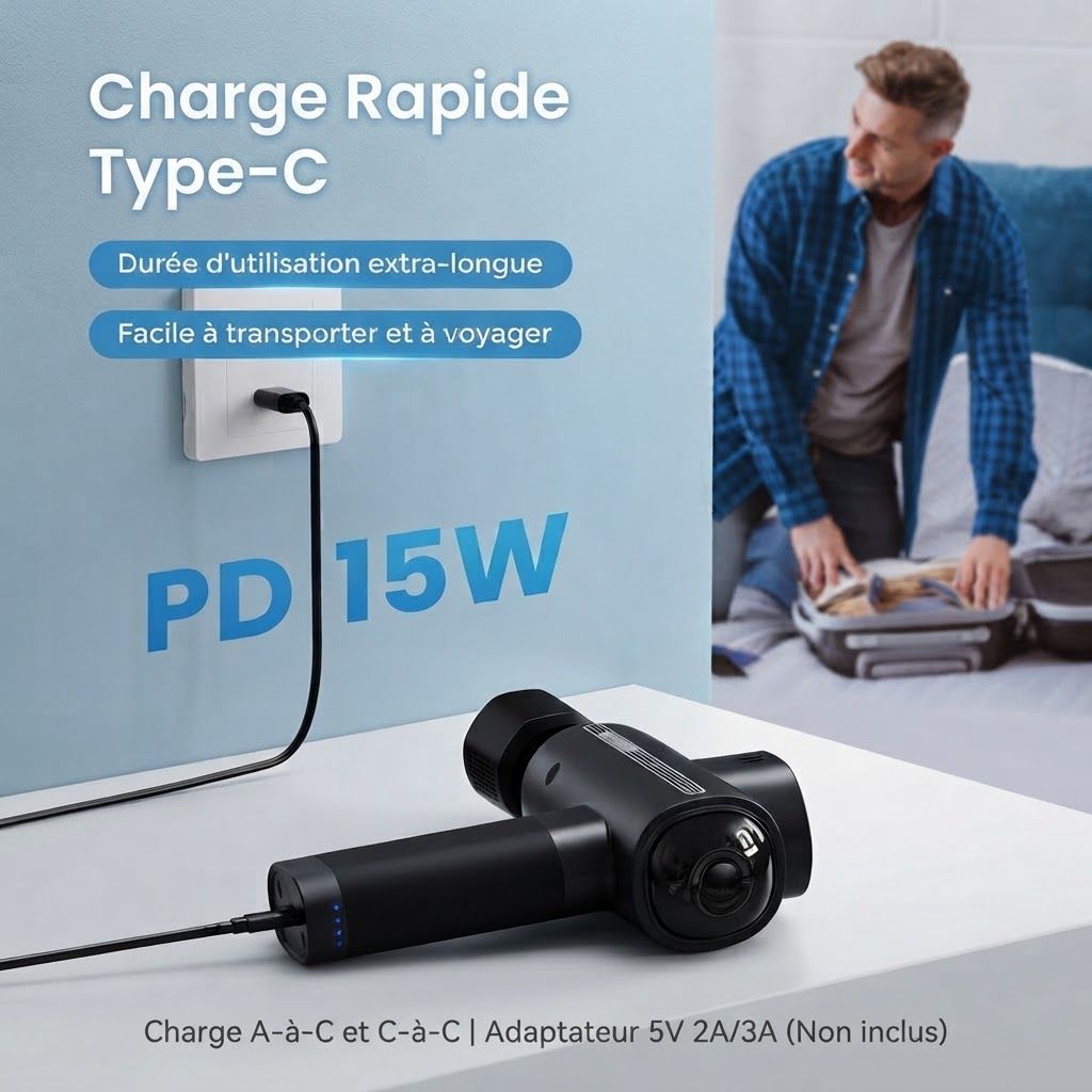 Pistolet de massage noir chargeant via USB-C 15W PD. Un homme fait sa valise au fond.