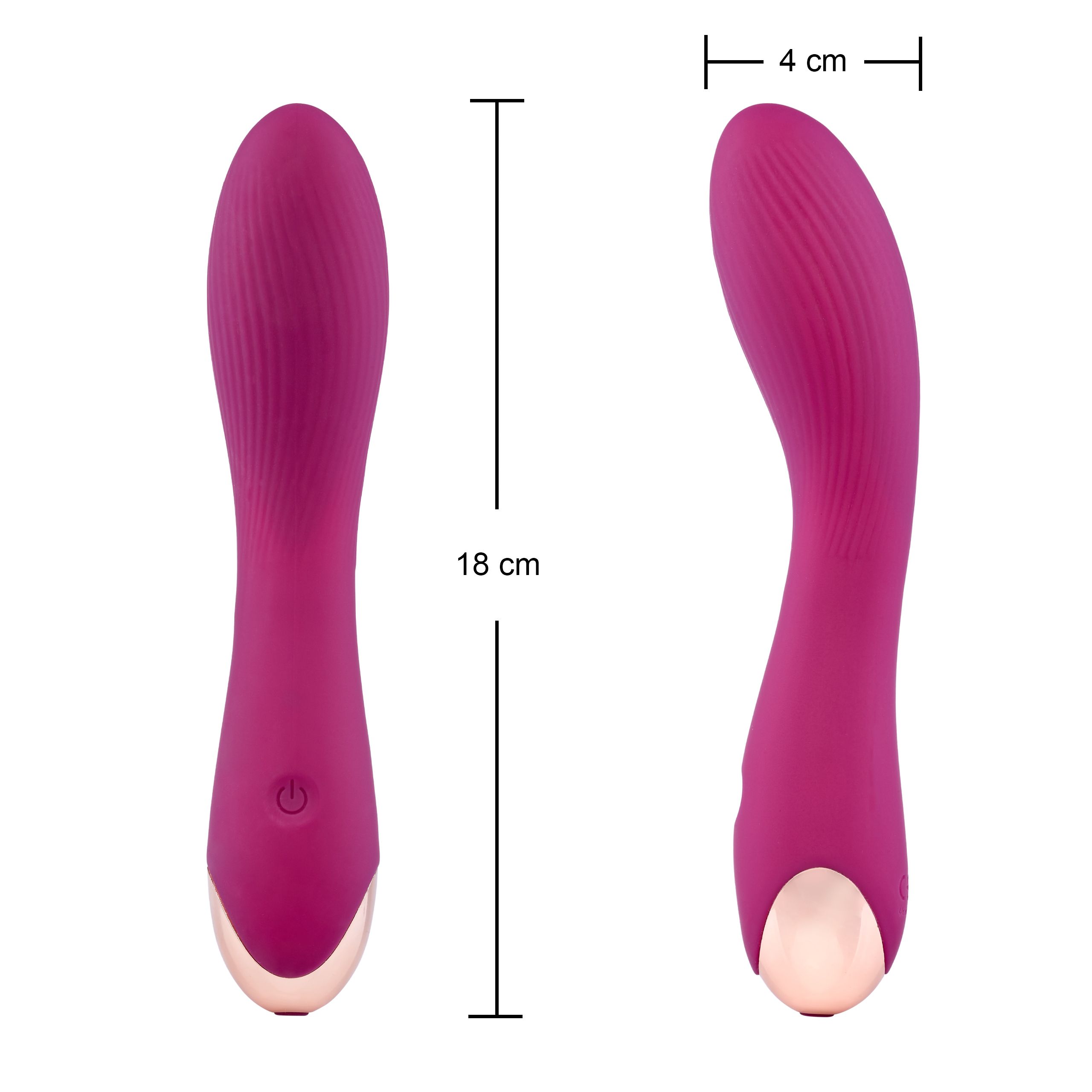 Magenta vibrator, 18 cm lang, 4 cm breed. Geribbeld oppervlak, goudkleurig uiteinde. Afmetingen getoond.