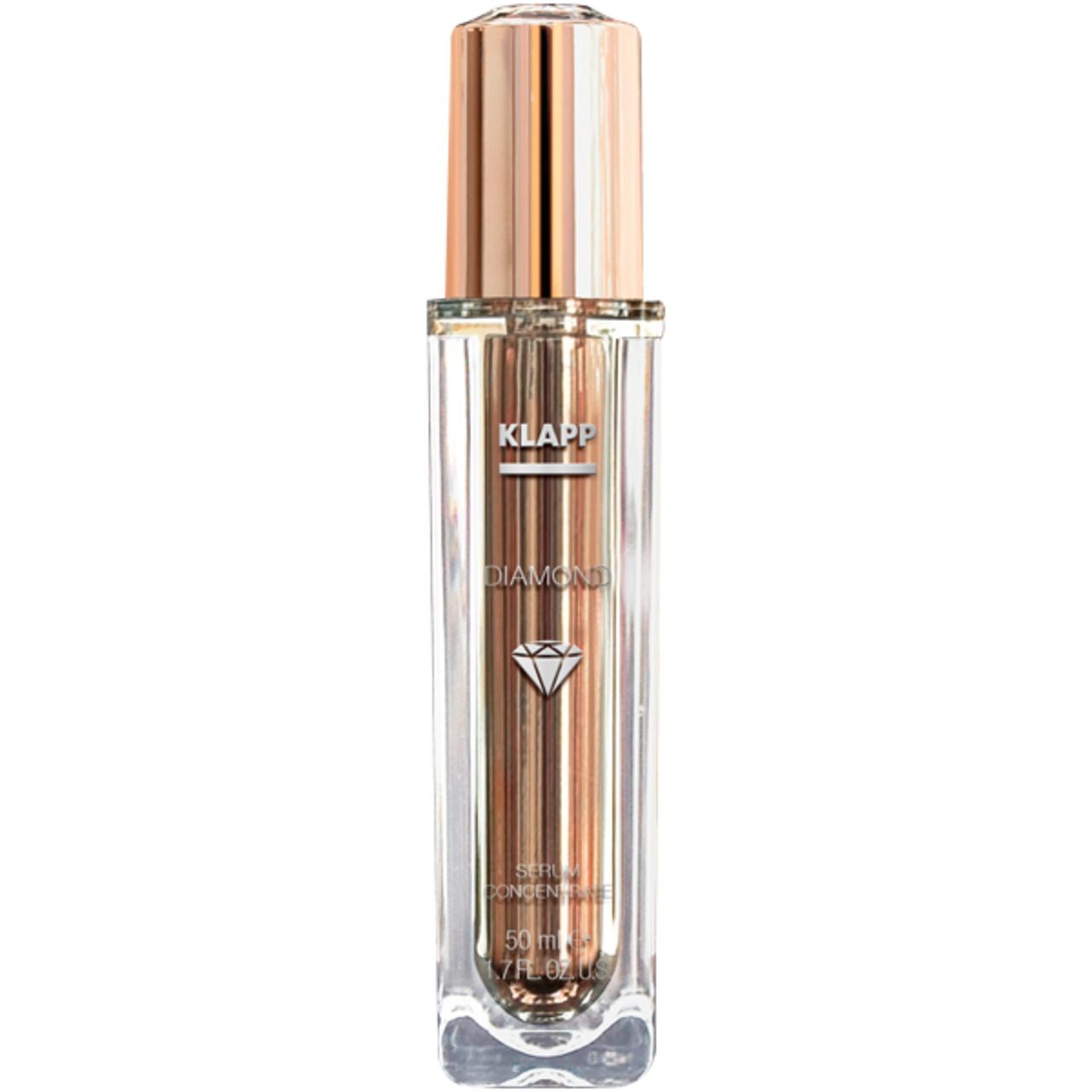 Transparante fles met gouden dop. Opschrift: Klapp, Diamond, Serum. Diamant symbool.