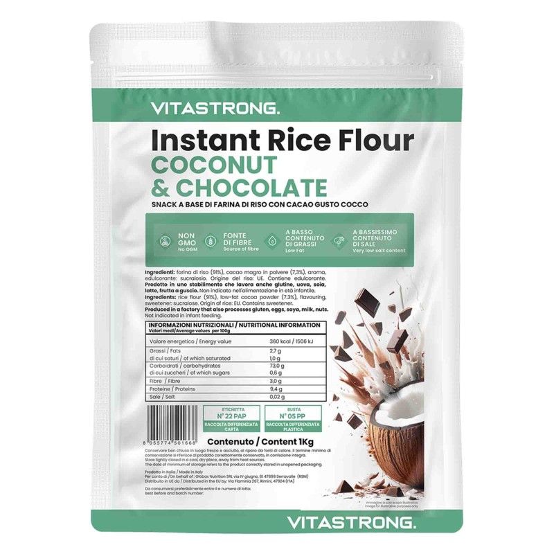 Vitastrong Instant Rice Flour Coconut & Chocolate verpakking. Witte tekst op groene achtergrond. Illustratie van kokosnoot en stukjes chocolade.