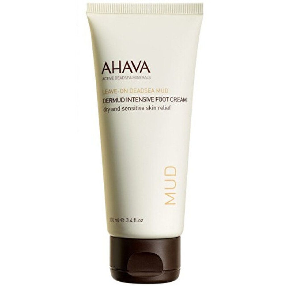 Tube de crème avec logo AHAVA, LEAVE-ON DEADSEA MUD, Dermud Intensive Foot Cream. Inscription : dry and sensitive skin relief.