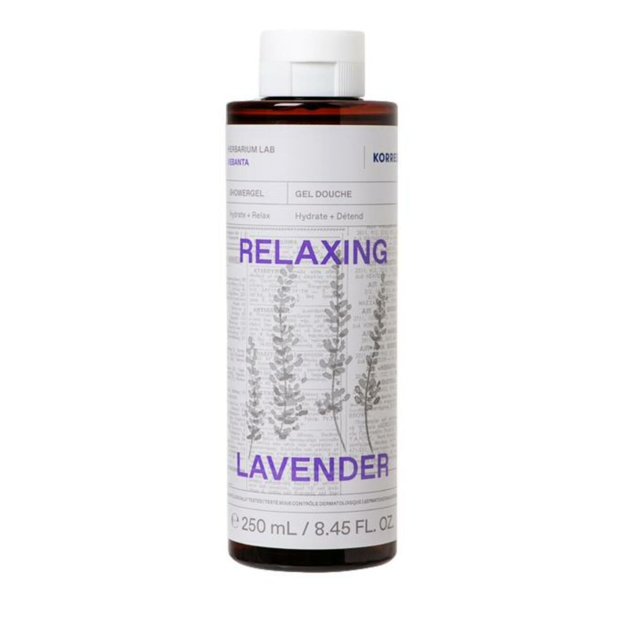 Gel douche avec bouchon blanc. Inscription RELAXING LAVENDER. Flacon contenant un liquide brun et une étiquette blanche avec illustration de lavande.