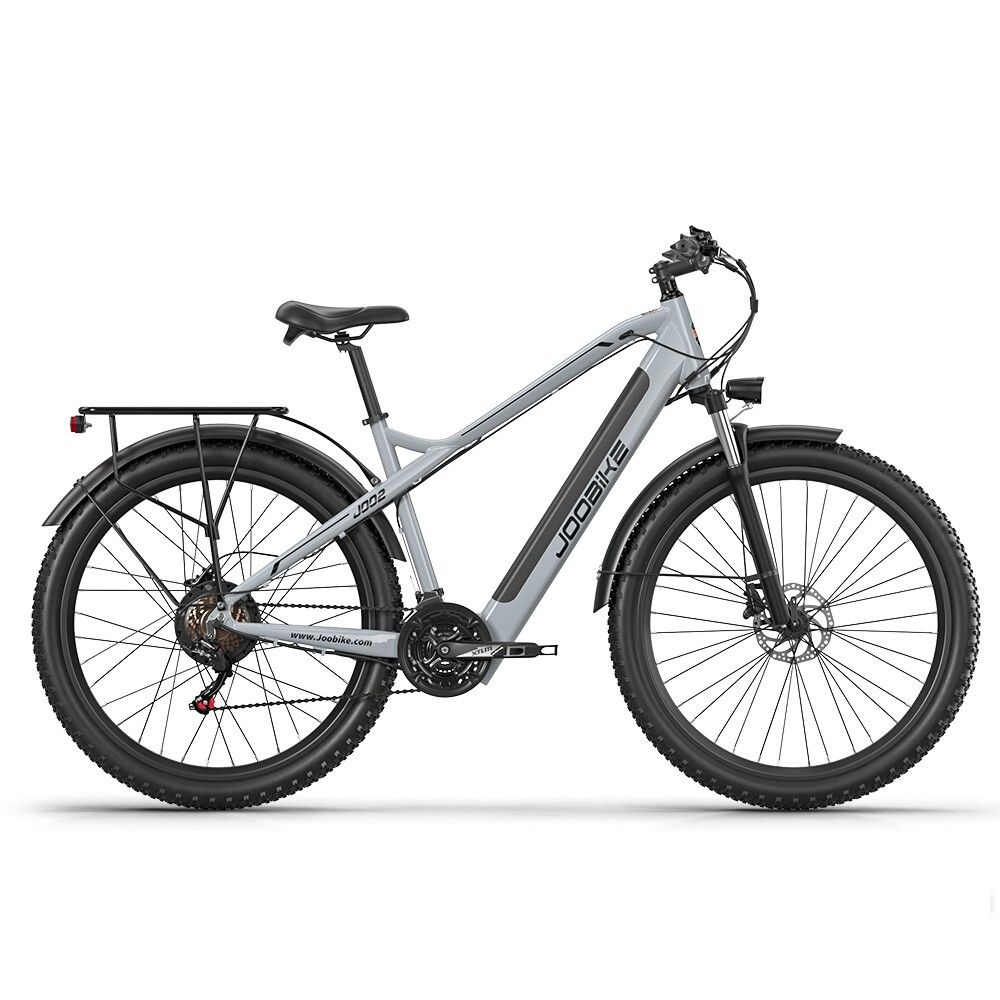 Vélo électrique gris JOOBIKE J002, 29 pouces, pneus tout-terrain, porte-bagages, garde-boue noirs.