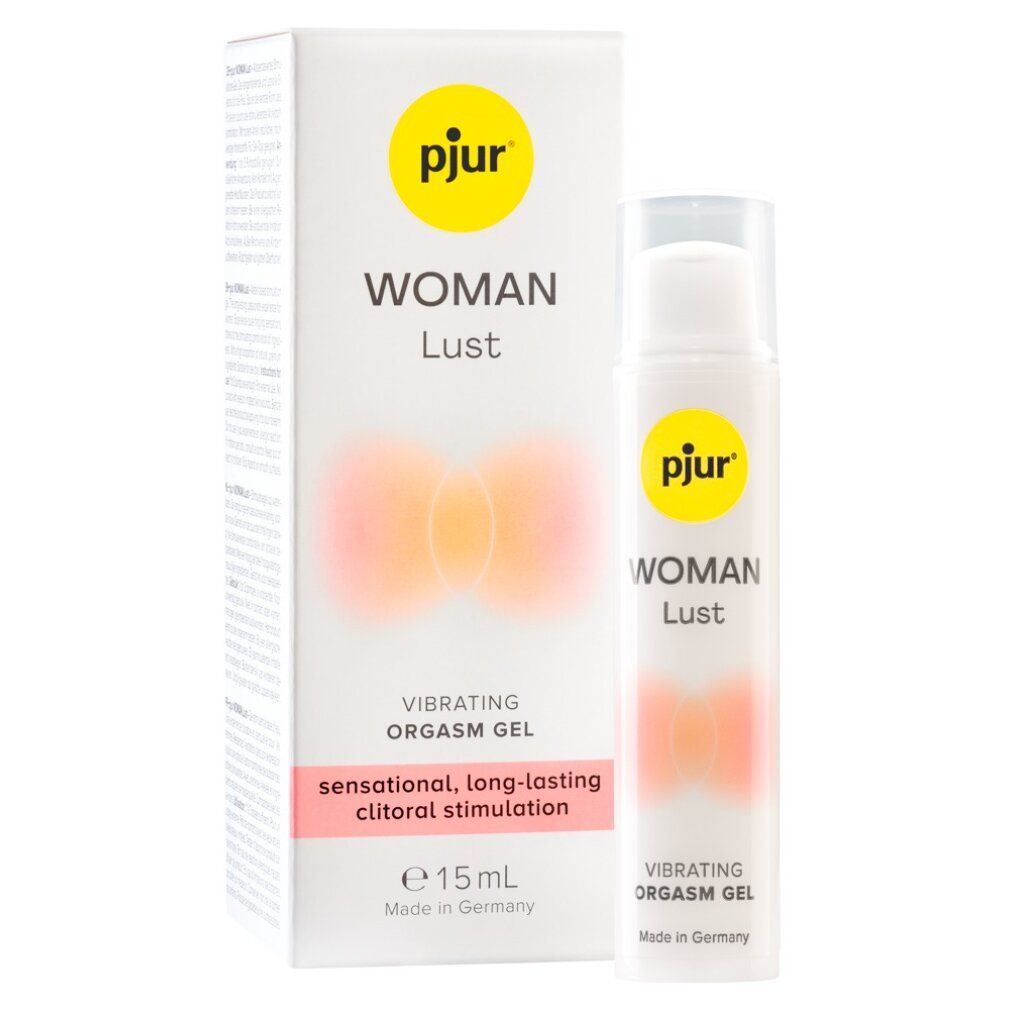 Produit et emballage. Flacon blanc et boîte. Emballage jaune et blanc avec nom et texte du produit. Texte : Vibrating Orgasm Gel.