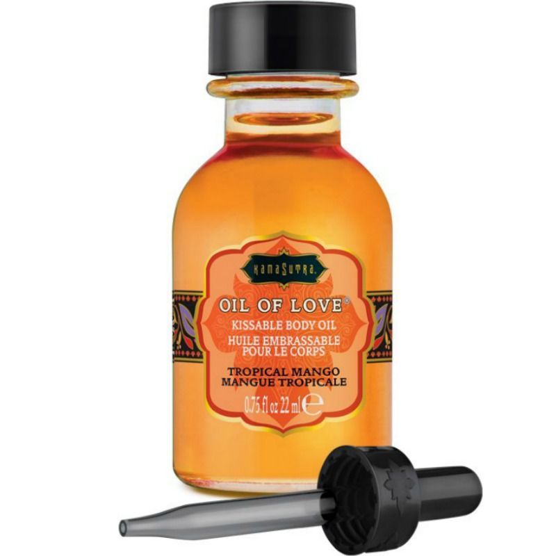 Flacon d'huile Tropical Mango et pipette. Bouchon noir, liquide orange. Inscription: Oil of Love, Kissable Body Oil.