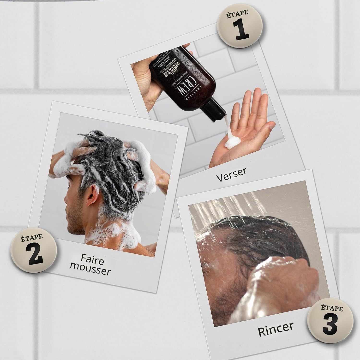 Étapes d'application du American Crew Daily Moisturizing Conditioner.